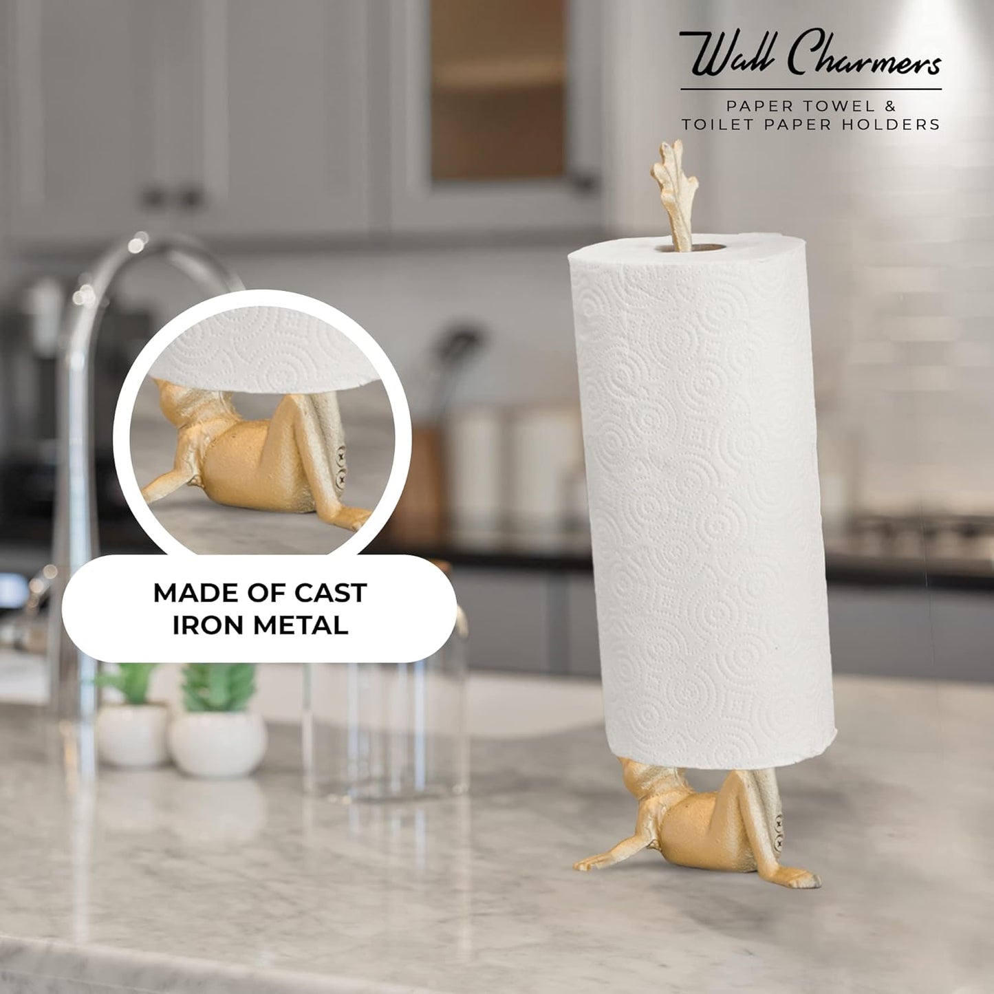 Gold Paper Towel Holder, Metal Toilet or Kitchen Paper Holder for Floor or Countertop, Gold Frog