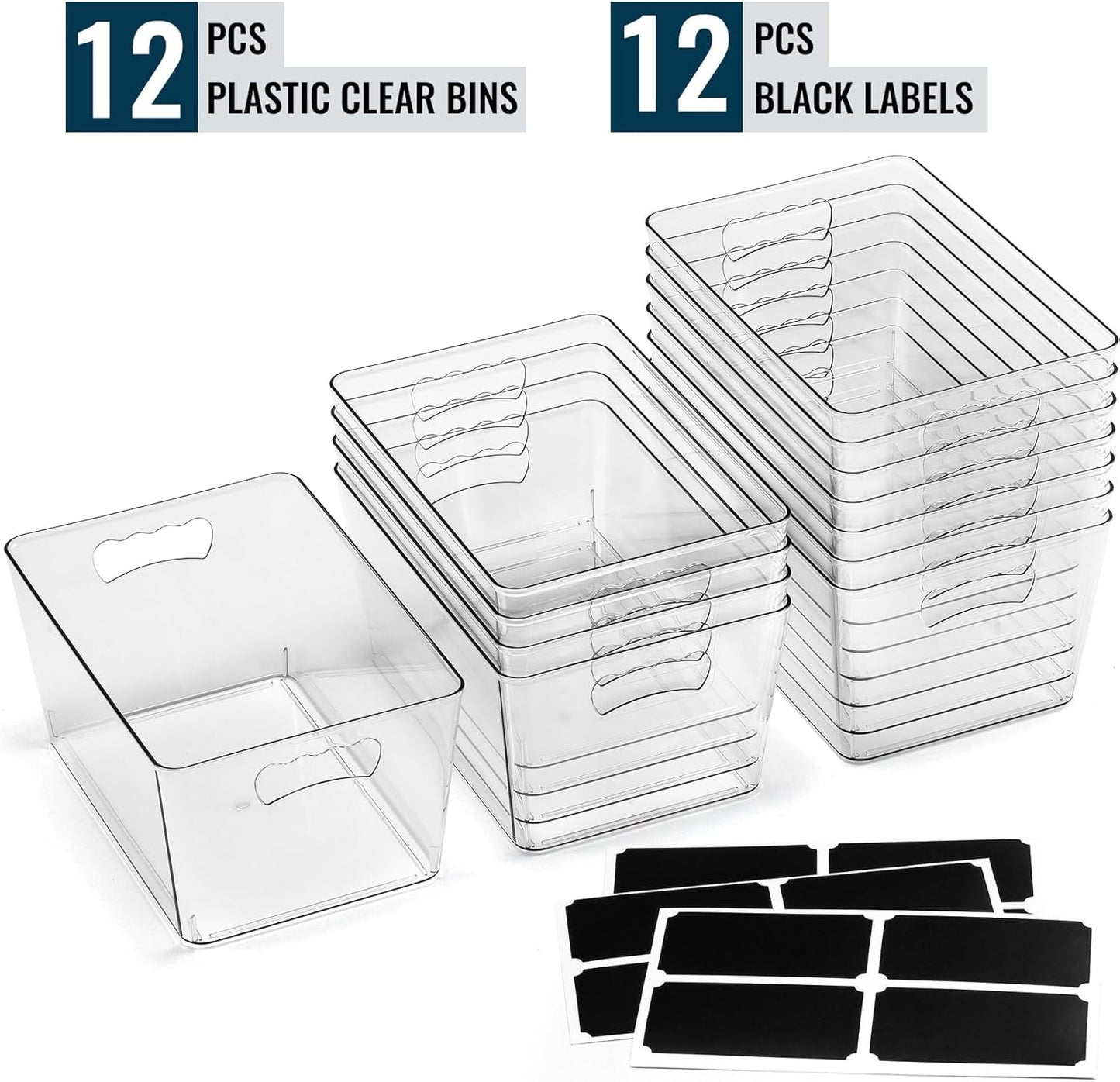 12 PACK LARGE Clear Storage Bins with Handles & Labels