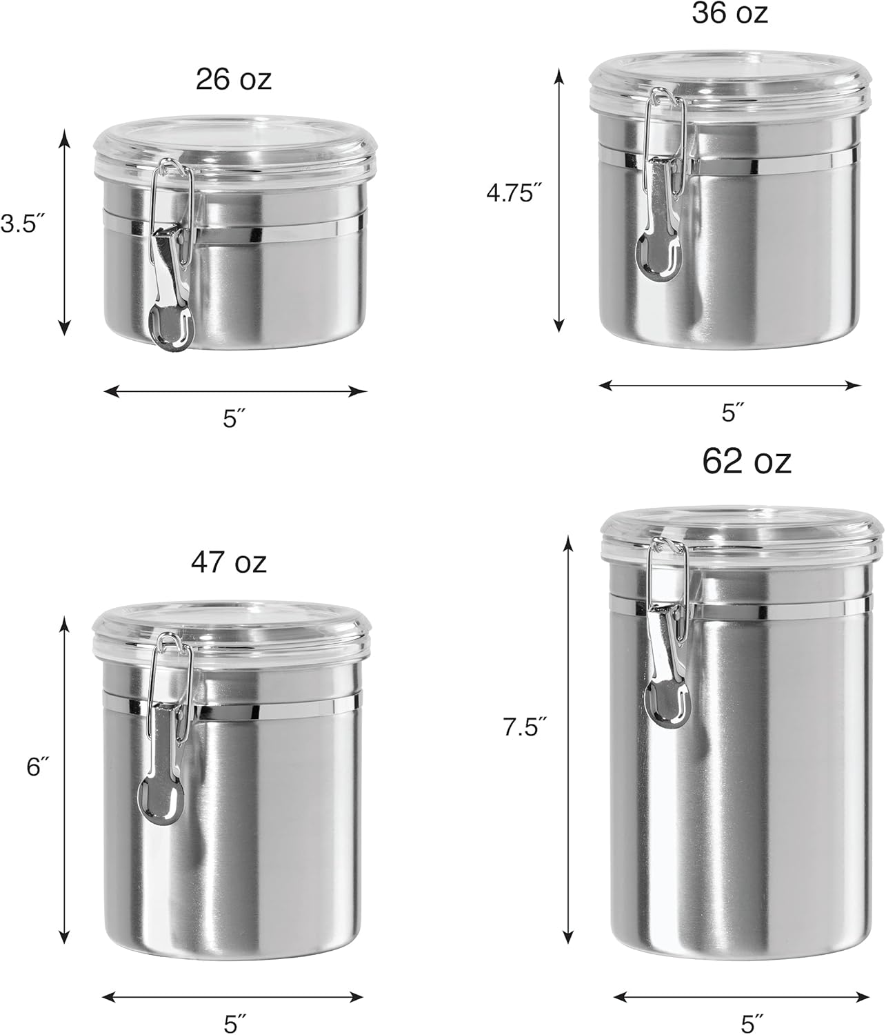 Set of 4 Stainless Steel Kitchen Canisters - Airtight Clamp Lid