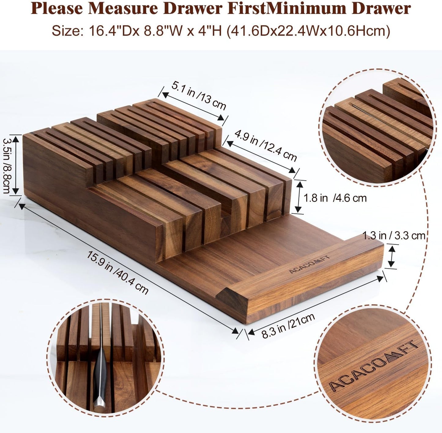 In-Drawer Knife Block, Acacia Wood Kitchen Knife Drawer Organizer