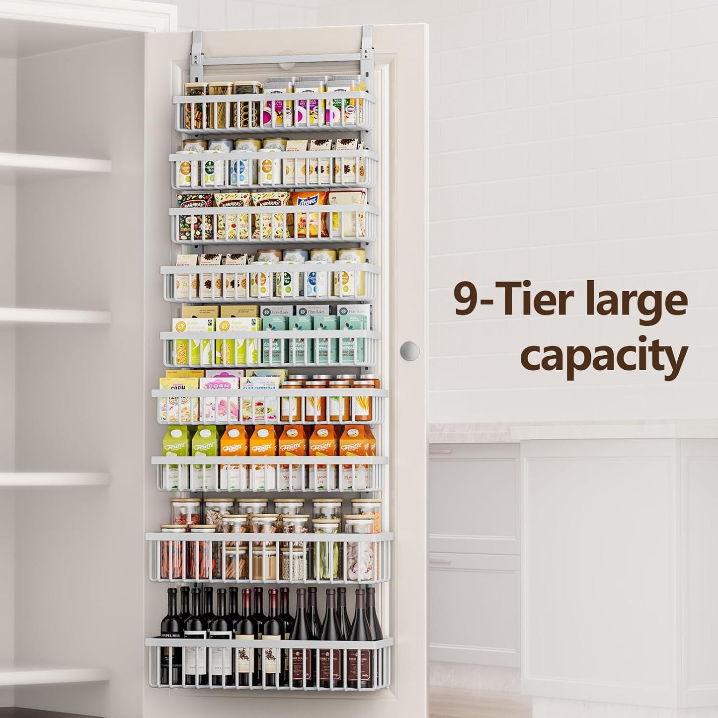 9 Tier Over The Door Pantry Organizer, 2 in 1 Wall Mount or Hanging Spice Rack with Adjustable Basket, Seasoning Organizer and Storage for Kitchen Cabinet Closet Bathroom