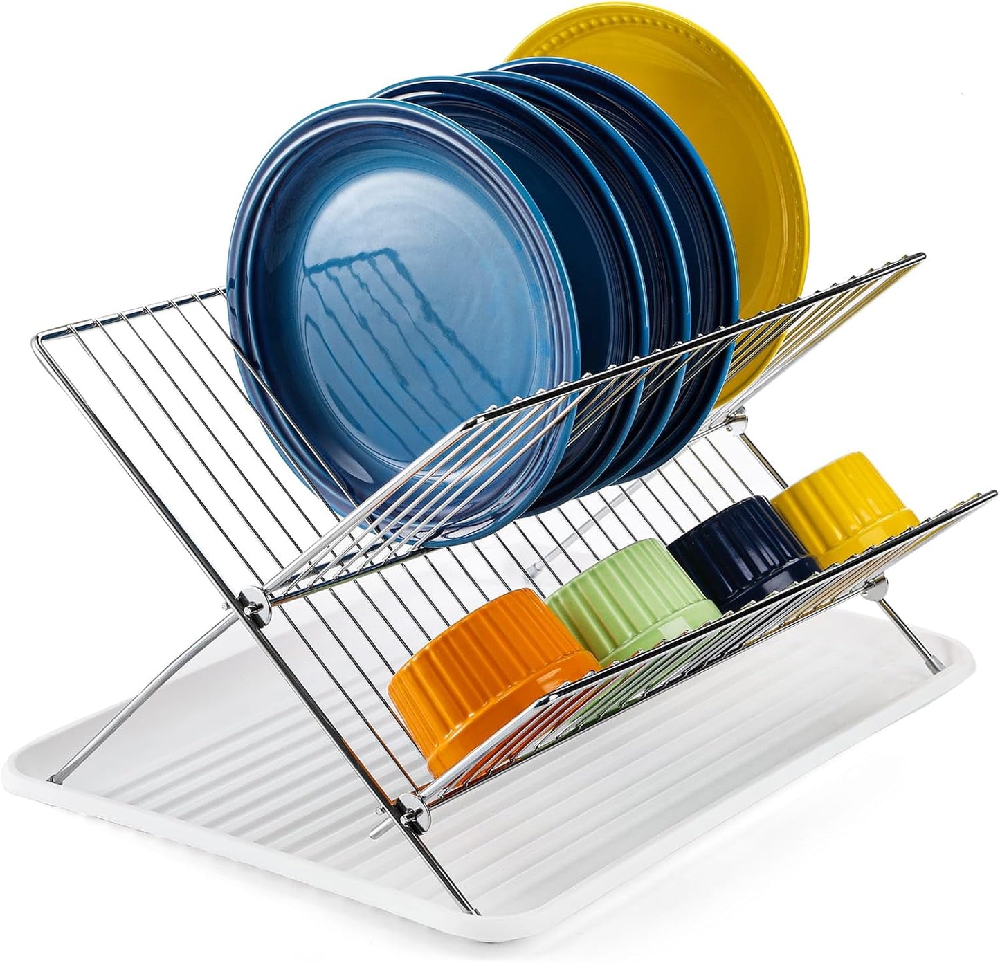 Foldable Dish Drying Rack with Drip Tray, Stainless Steel 2 Tier Dish Drainer Rack
