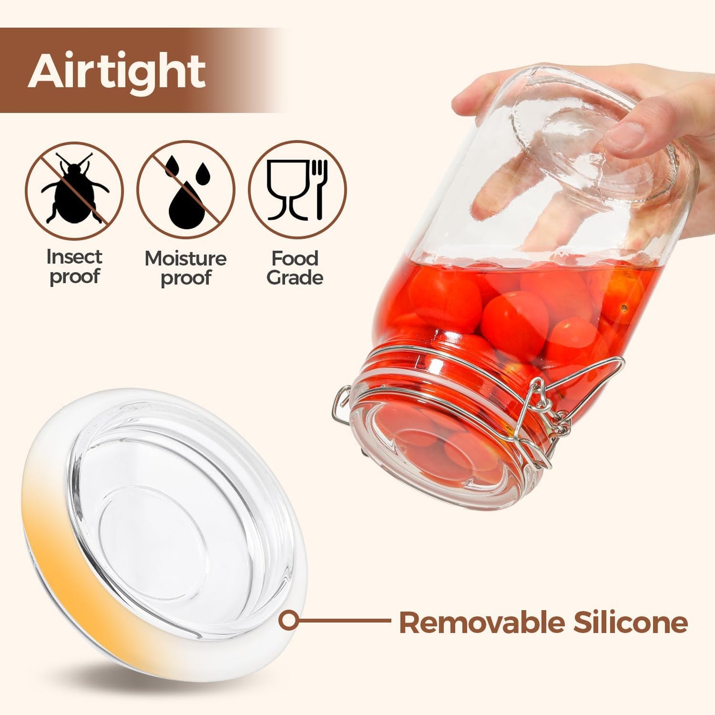 Set of 3 Square Glass Jars with Airtight Lids (51 Oz), Wire Clamp Canisters for Pickling