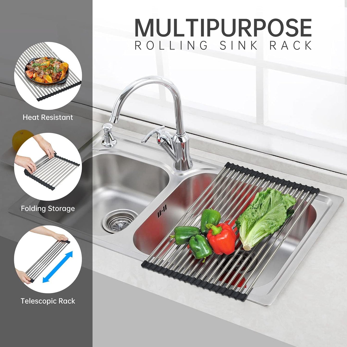 Expandable Large Roll Up Dish Drying Rack, Foldable Over The Sink Dish Drying Rack