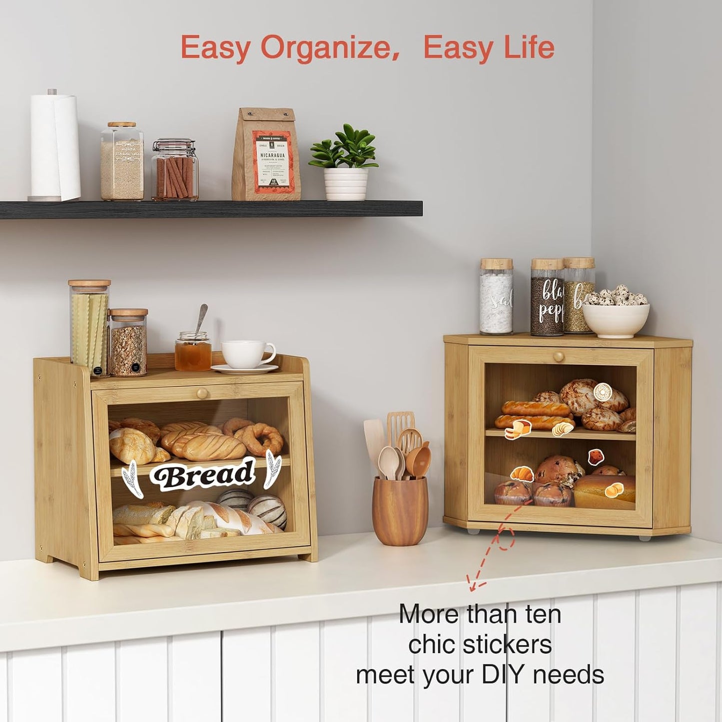 Bamboo Corner Bread Box for Kitchen Counter, 2 Tier Bread Keeper Wooden Round