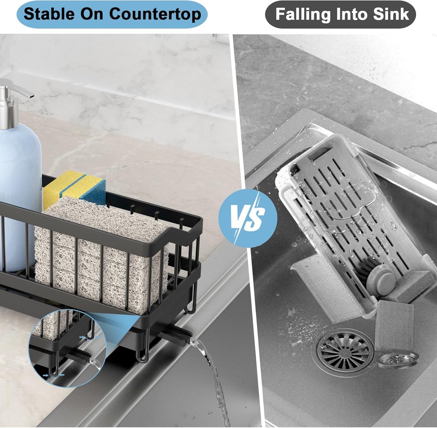 Sponge Holder for Kitchen Sink, Sink Caddy with High Brush Holder, Rustproof and Strong, anti slip