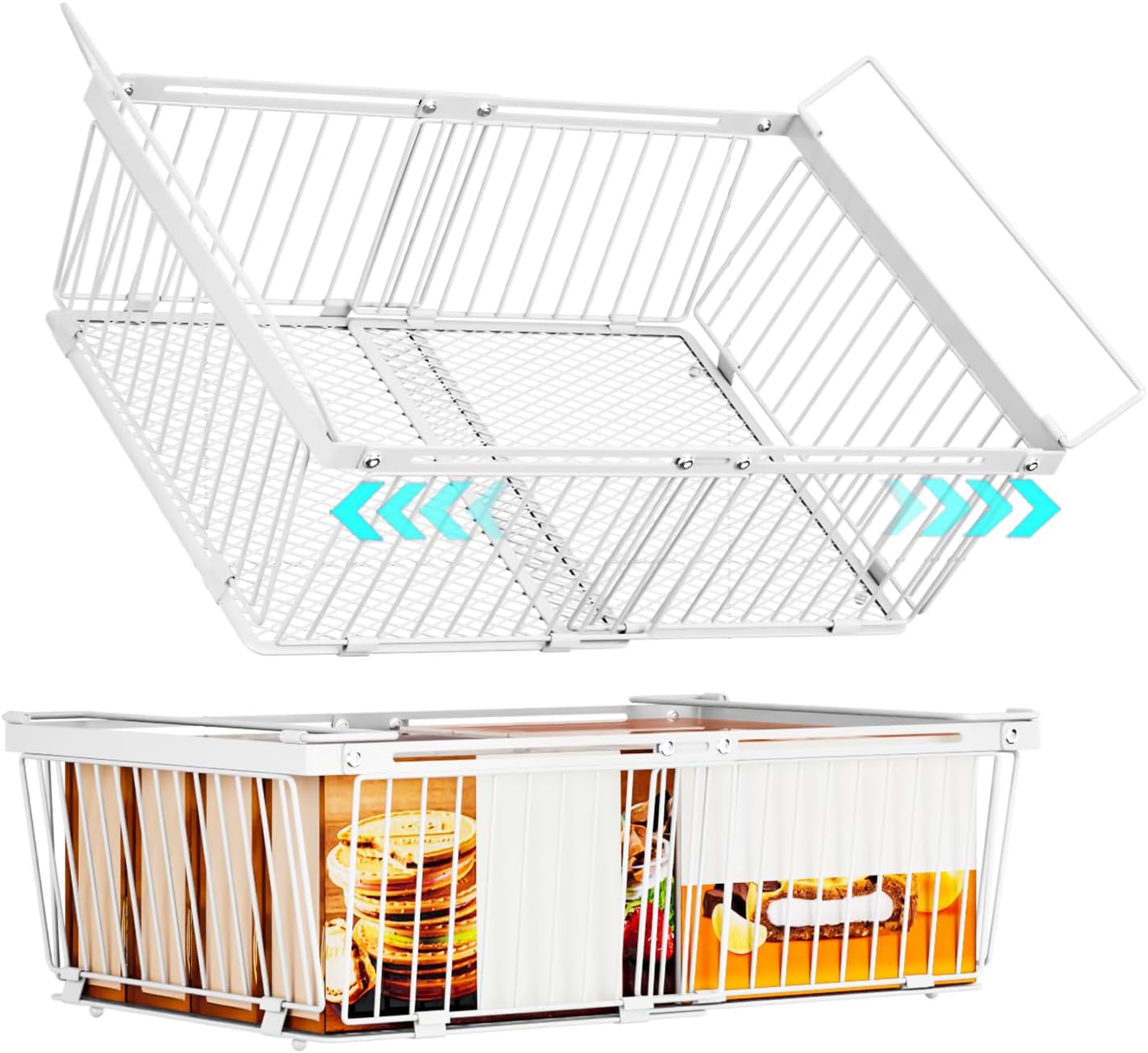 Large Freezer Organizer Bins，Upgraded Bottom Leak-Proof net，2 Pack， Expandable Stackable Chest Freezer Containers with Handle，for Fridge, Deep Freezer, Cabinet, Kitchen, Pantry (White-2Pack)