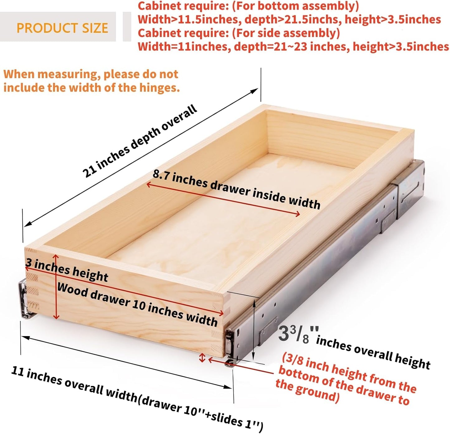 10”W x 21”D x 3”H Soft Close Slide Out Wood Drawer Organizer for Kitchen