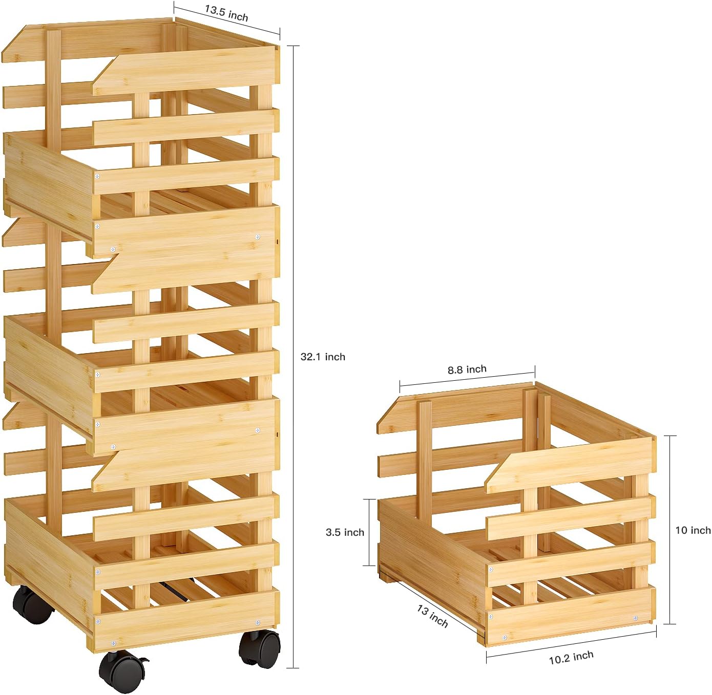 Bamboo Fruit Basket Stand, Potato and Onion Storage Cart, 3-Tier Fruit Basket with Wheels