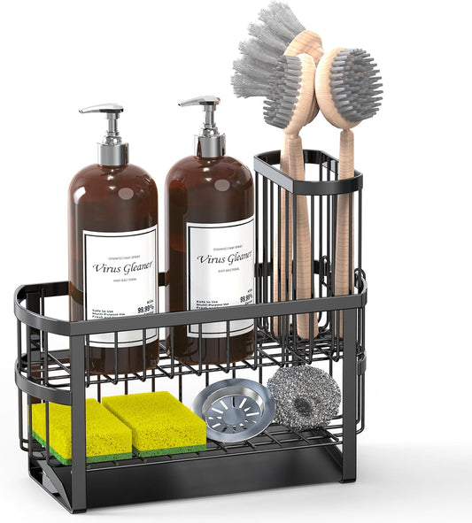 Kitchen Sink Organizer Caddy, 2 Tier Sink Caddy Organizer with High Brush Holder