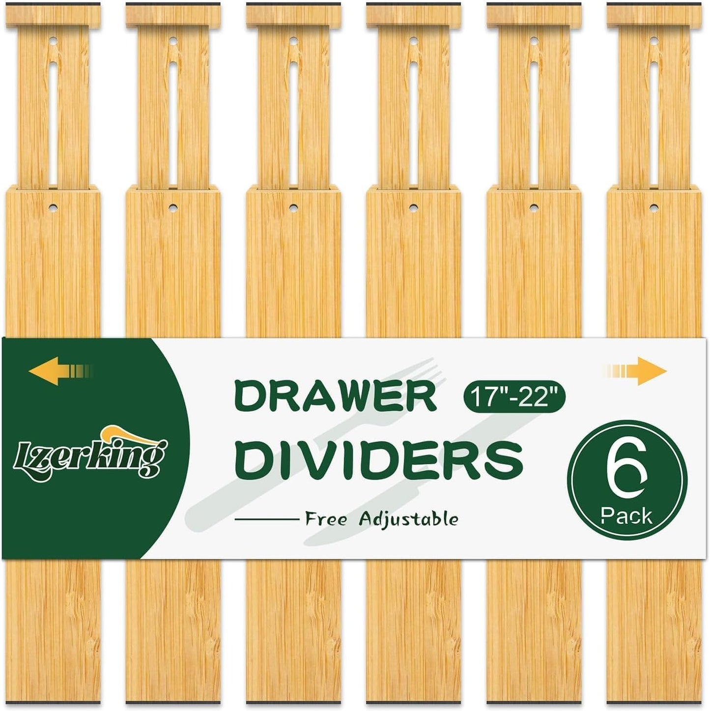 Kitchen Drawer Dividers 6 Pack, 17-22" Adjustable Bamboo Drawer Organizers Large, Spring Loaded