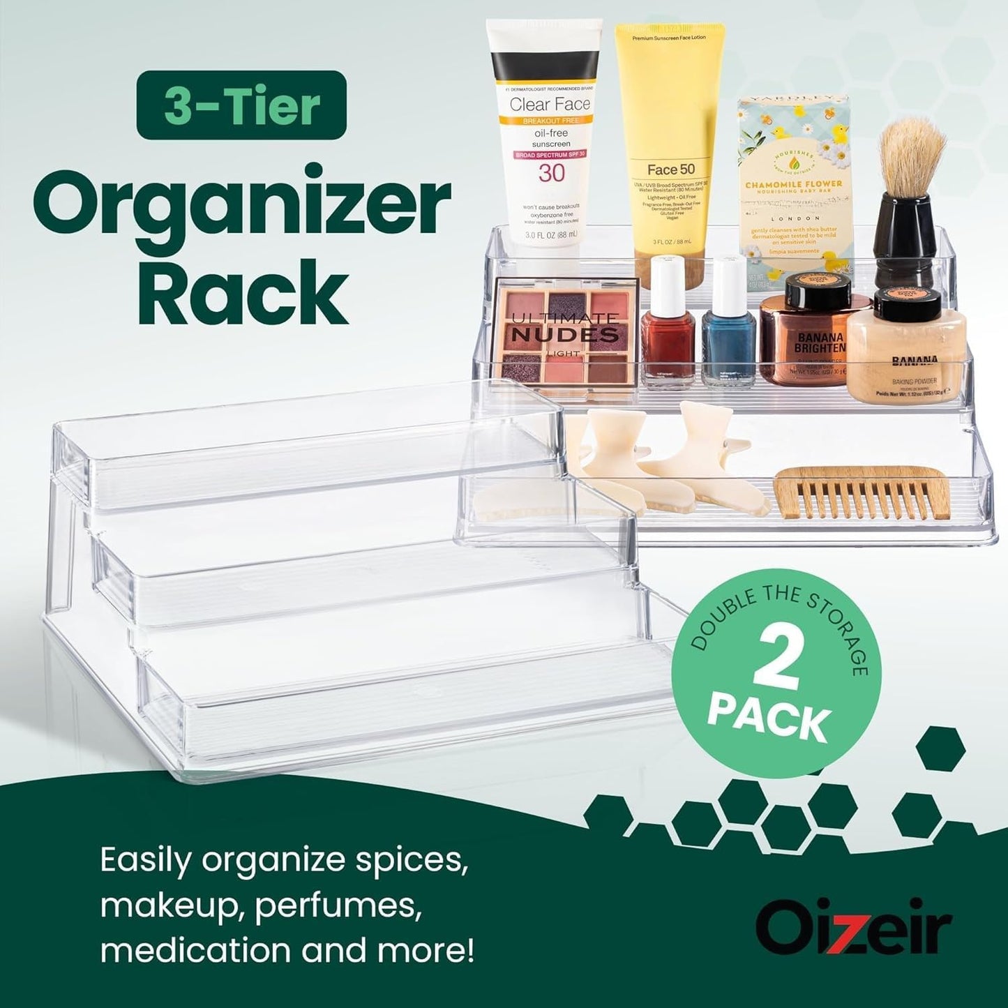 Clear Spice Rack (2-Pack) – 3-Tier Acrylic Organizer for Cabinet – Deep Spice Shelf – 10.4 x 9.6 x 4 Inches – Holds Seasoning and Condiments