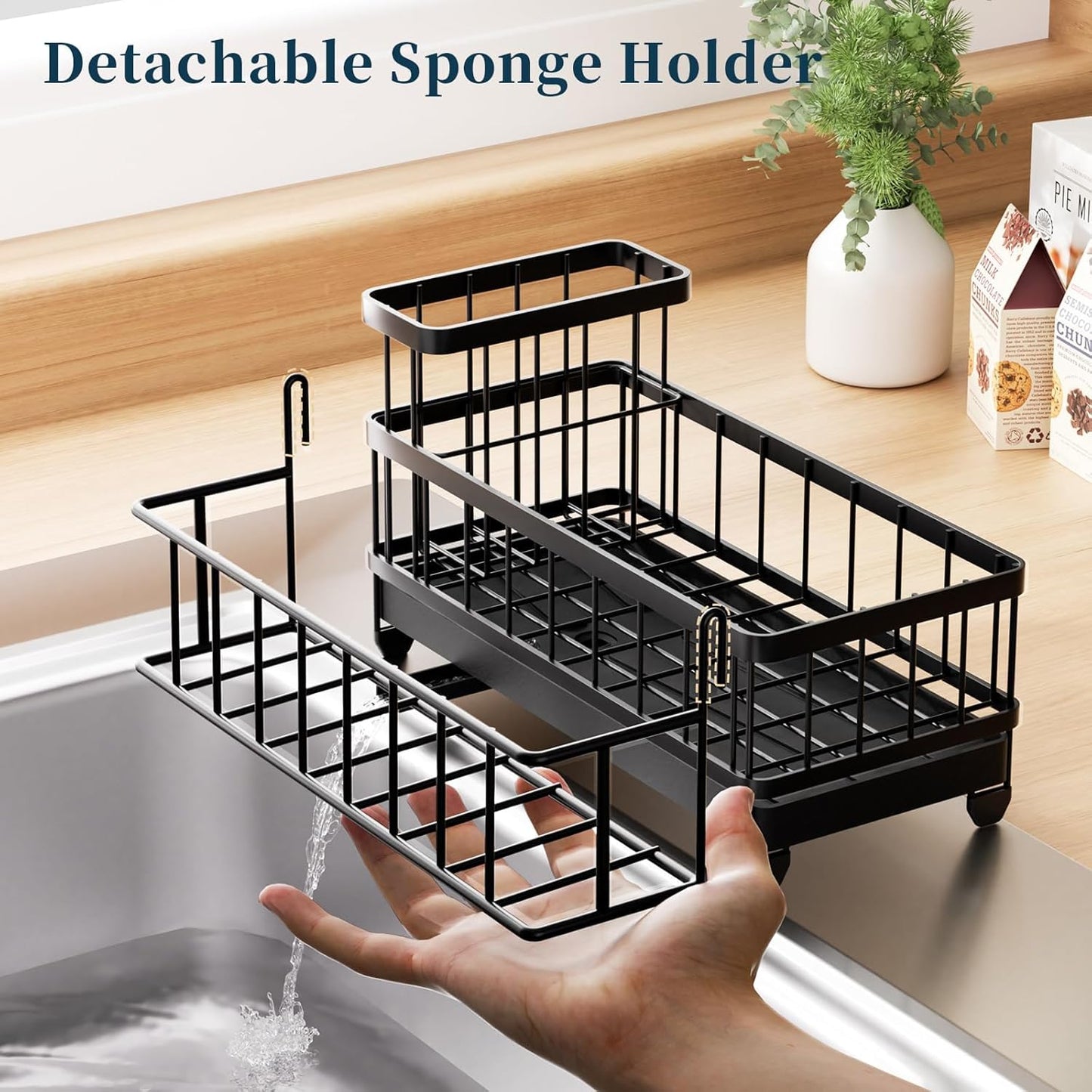 Sponge Holder for Kitchen Sink - Auto Draining Sink Caddy Organizer with Detachable Rack