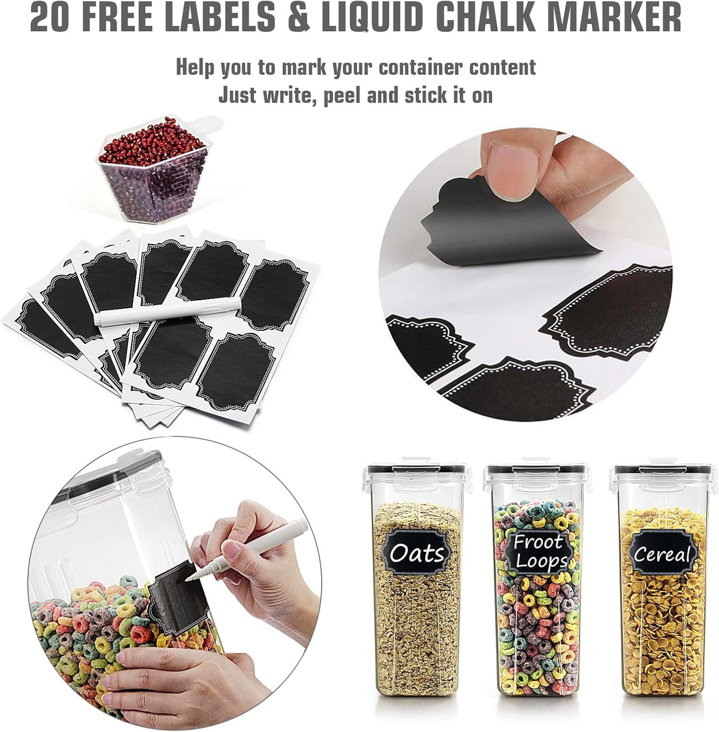 Cereal Storage Containers Set, Large BPA Free Plastic Airtight Food Storage Containers 4L for Flour, Sugar, 6 Piece Set Cereal Dispensers with 20 Labels & Marker, Black