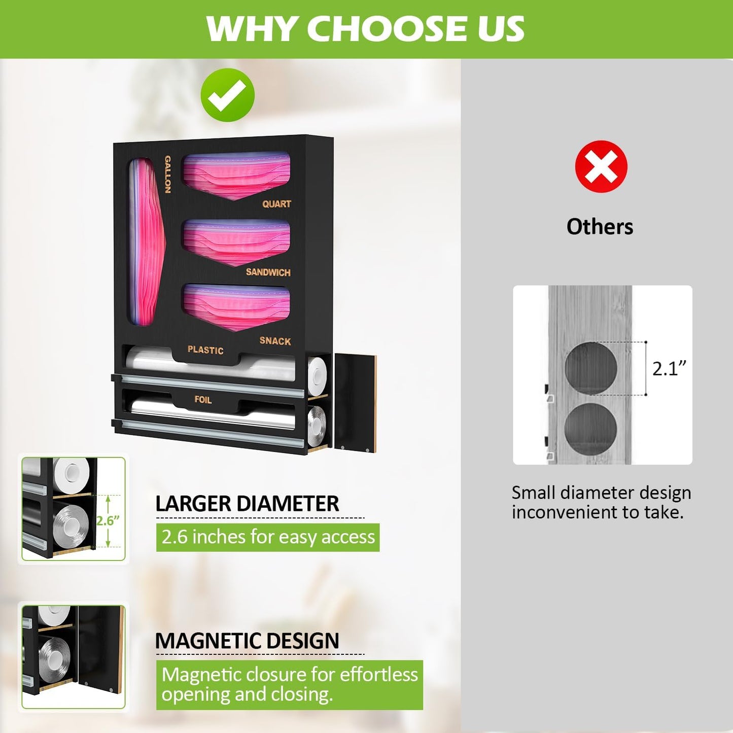 6 in 1 Bag Organizer and Wrap Dispenser with Magnetic Lid
