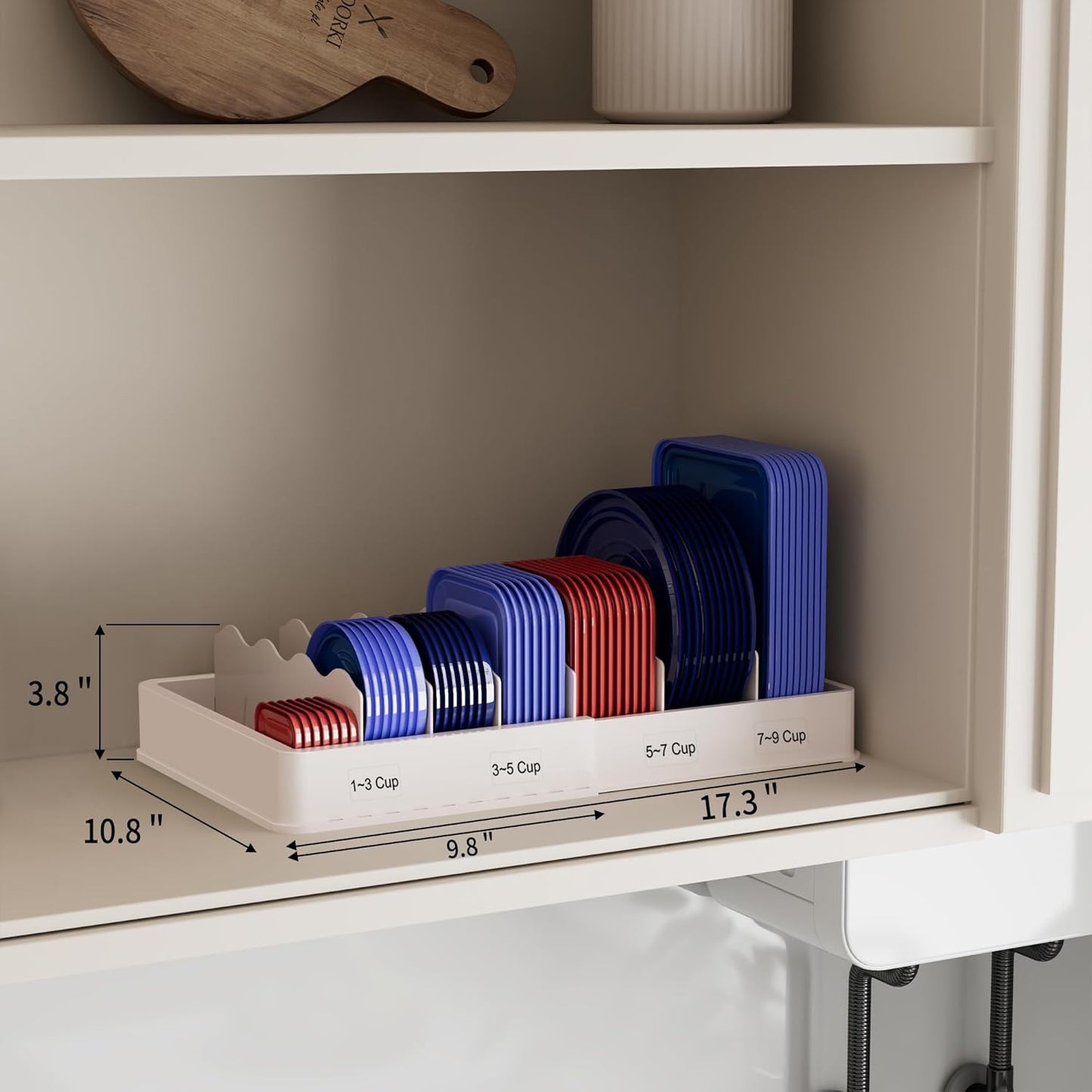Expandable Food Storage Container Lid Organizer, Includes 6 Adjustable Dividers