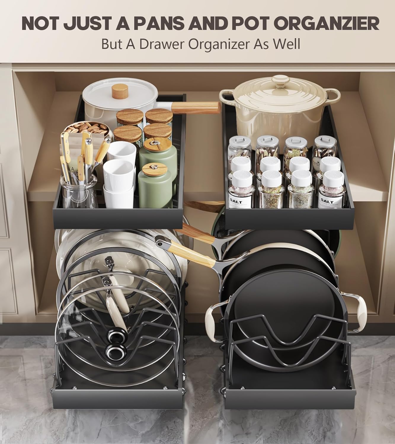 Pull Out Pots and Pans Organizer Under Cabinet, Sliding Lid Holder and Pan Rack in Kitchen