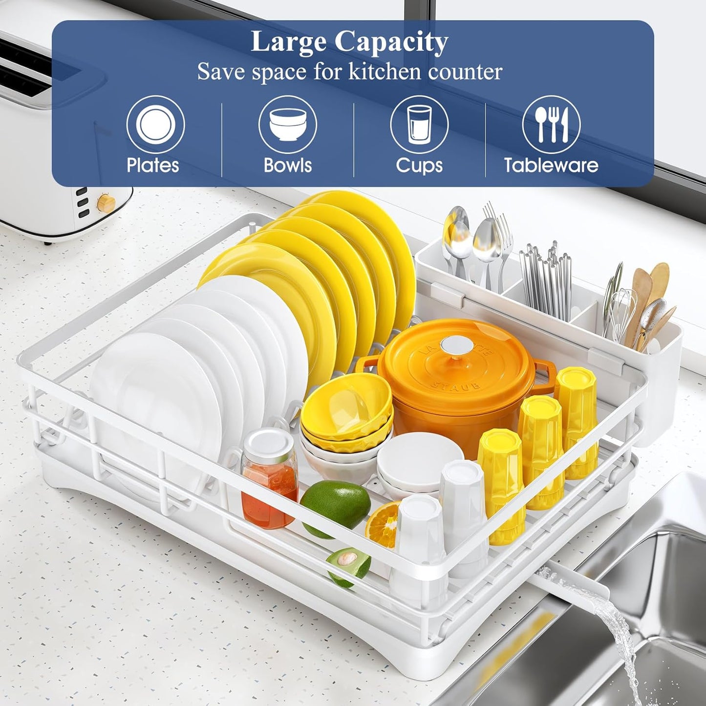 Dish Drying Rack for Kitchen Counter - Large Dish Rack with Drainboard