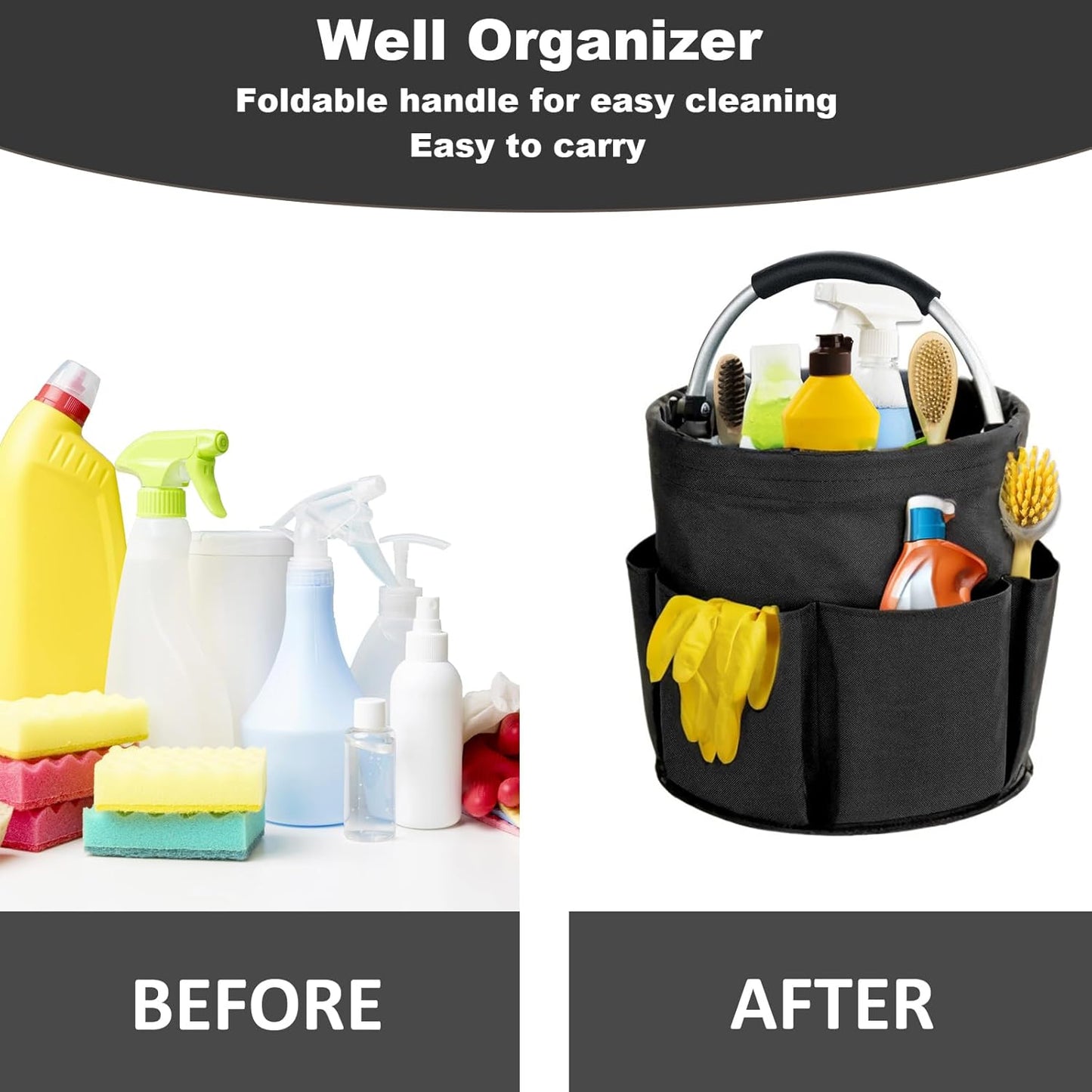 17L Cleaning Caddy with Handle, Cleaning Supplies Organizer, Foldable Storage Basket