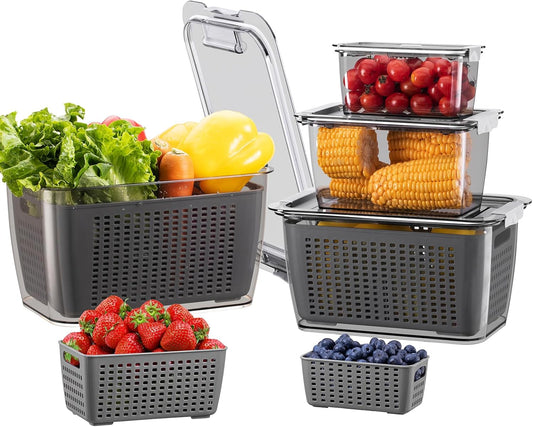 4 Pack Fruit Containers for Fridge, Vegetable Storage Container with Lids &Removable Colander Produce Saver Organizer for Refrigerator Keep Fruit, Veggie, Berry, Meat Fresh Longer-Grey
