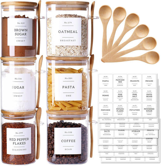 6 Pack Glass Jars with Bamboo Lid and Spoons