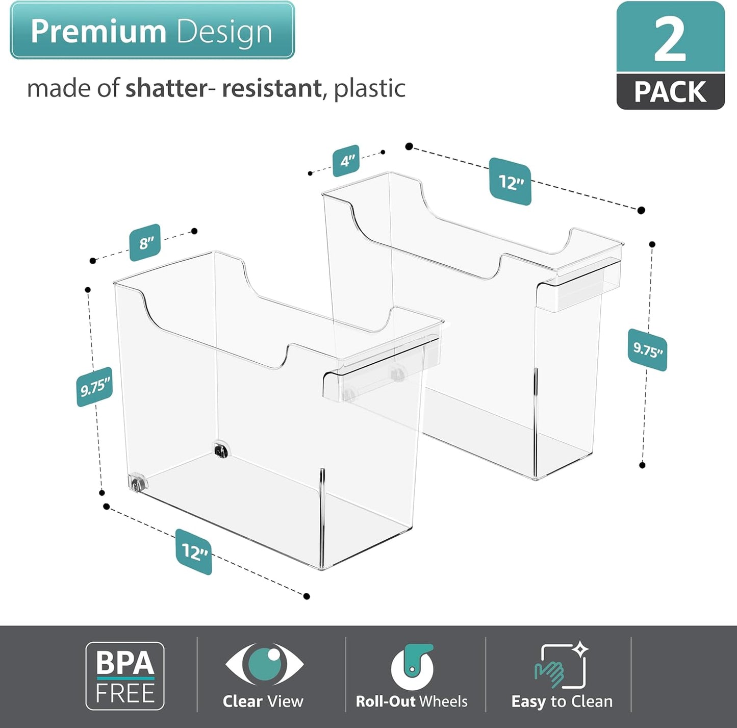 Roll Out Bottle Organization Bins - 2 Sizes Pantry Under Sink Organizer with Wheels & Handles