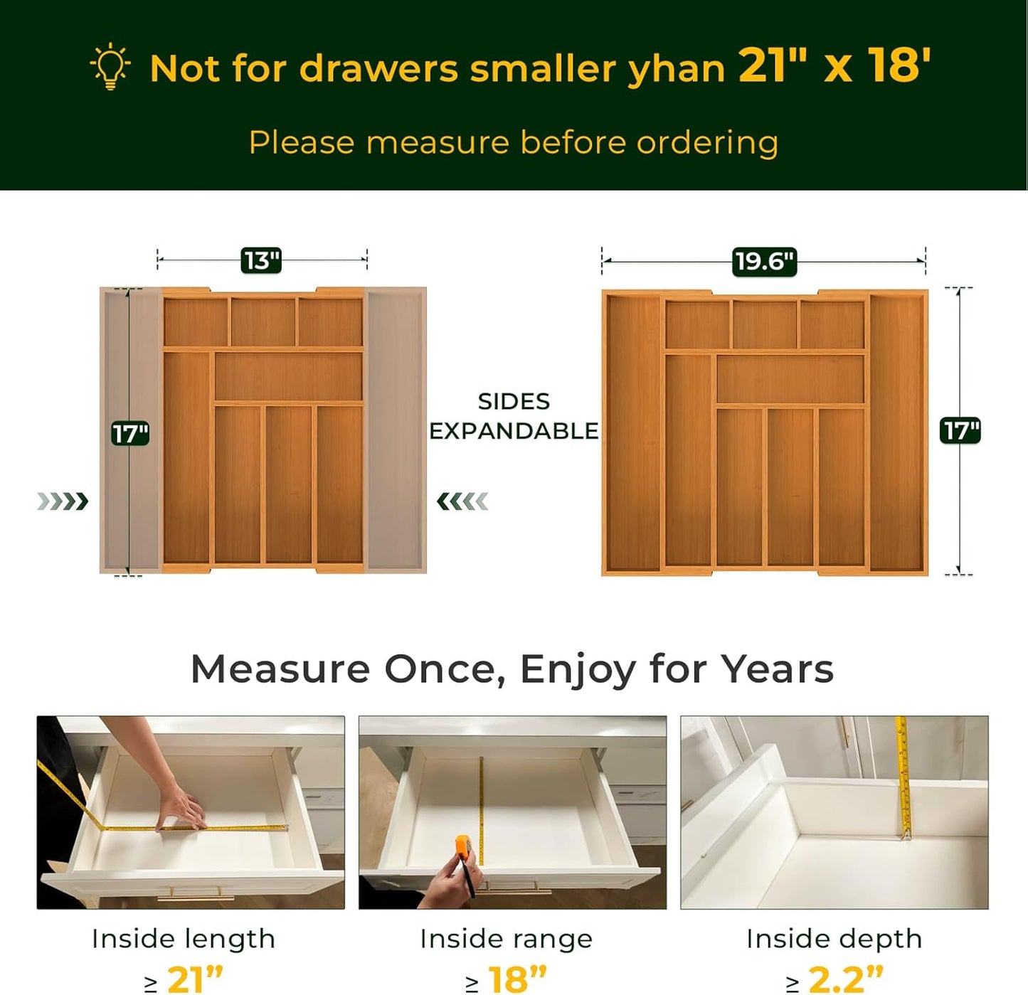 6-Piece Bamboo Drawer Organizer Set, 2.2" Deep Multi-Use Organizers for Utensils, Silverware