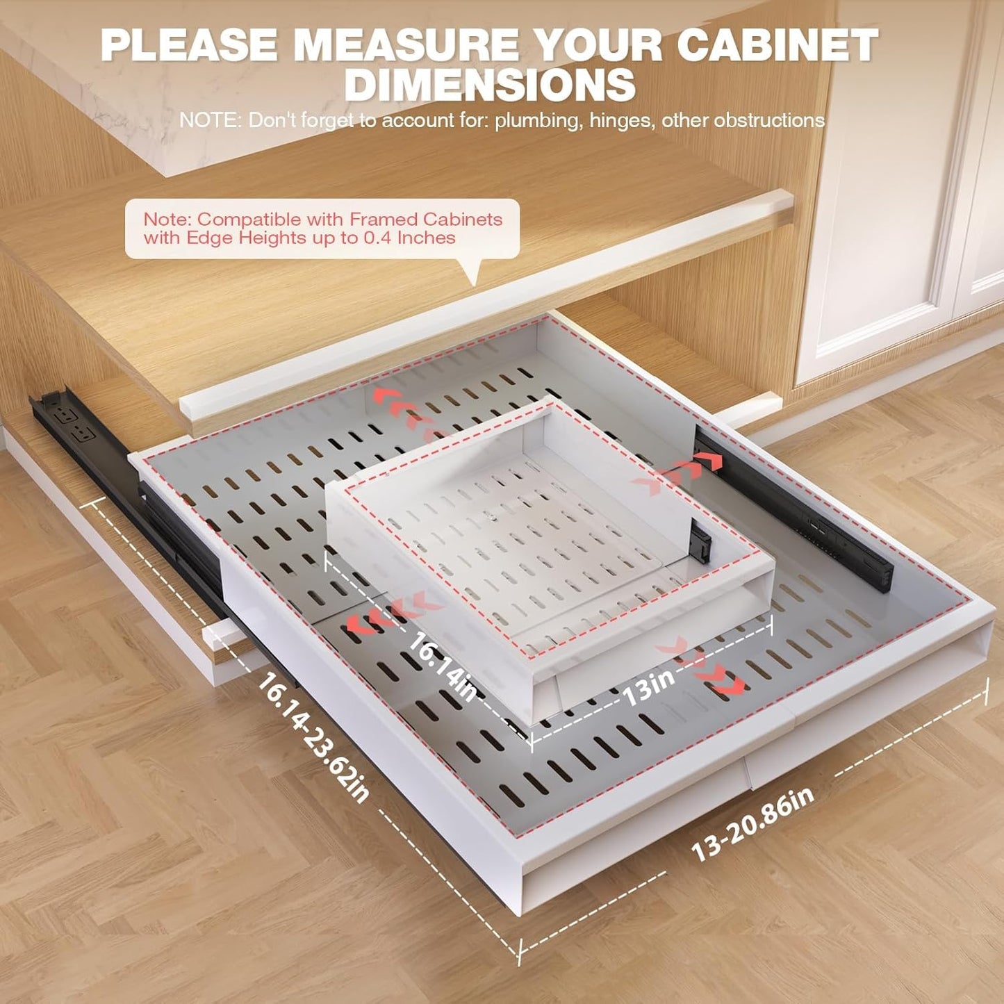 2 Pack Pull Out Cabinet Organizer With Raising Pad for Framed Cabinets,Expandable Width (13"-21") and Depth (17"-24"),3 Slide Rails Slide Out Drawers with Handle,No-Drill Roll Out Shelf,White
