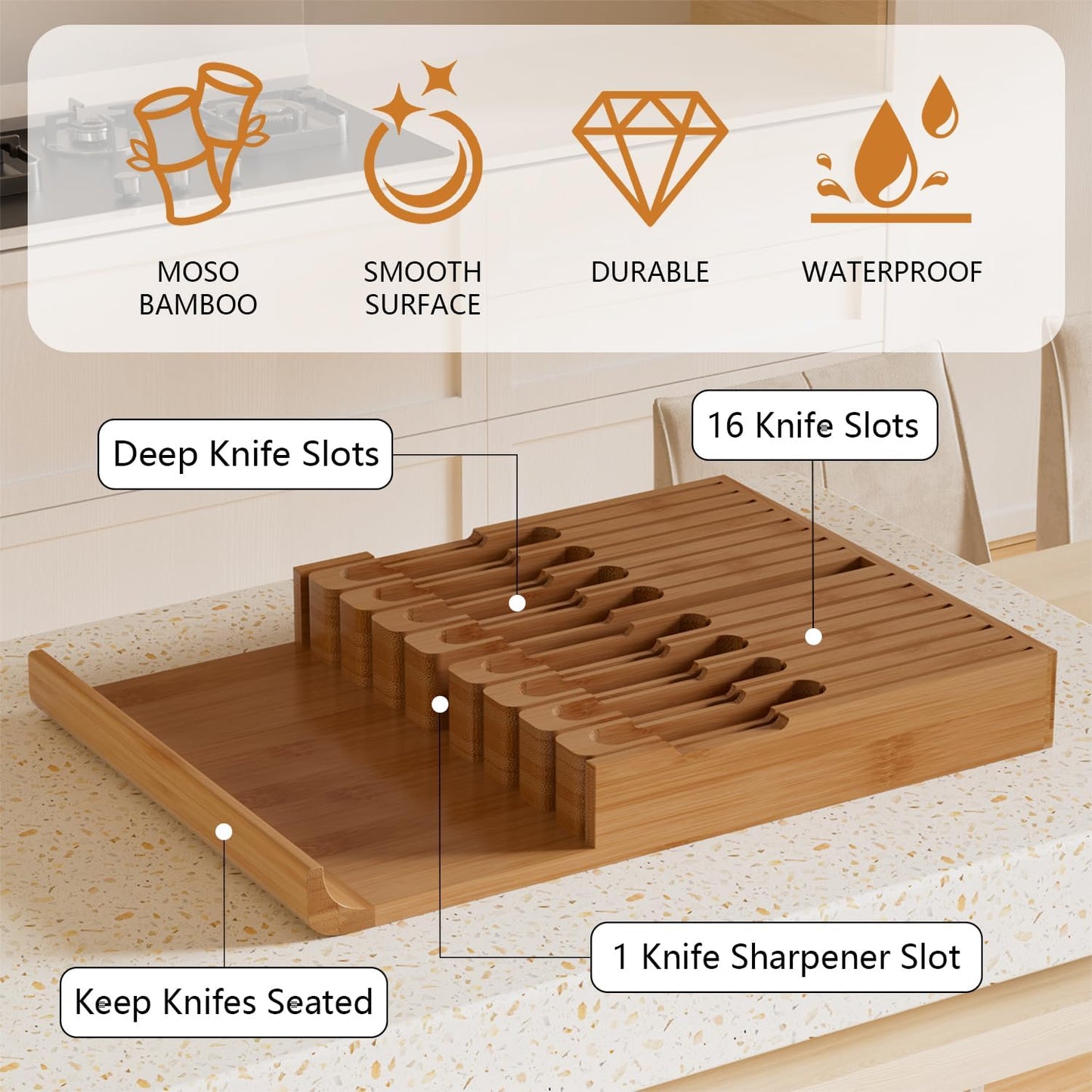 Bamboo In-drawer Knife Block - Knife Drawer Organizer Insert Large Handle Steak Knife Holder