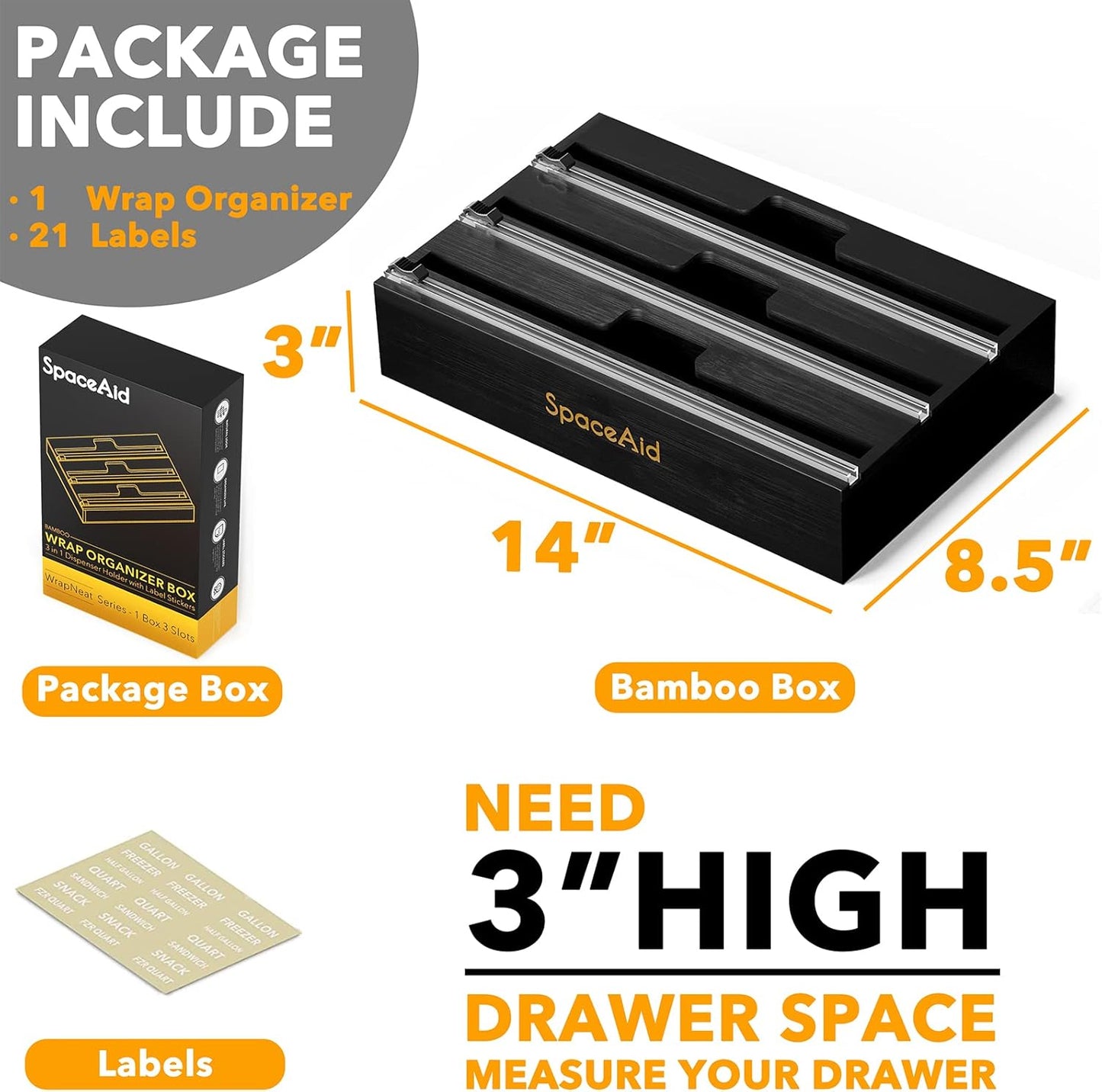 WrapNeat 3 in 1 Wrap Organizer with Cutter and Labels, Plastic Wrap