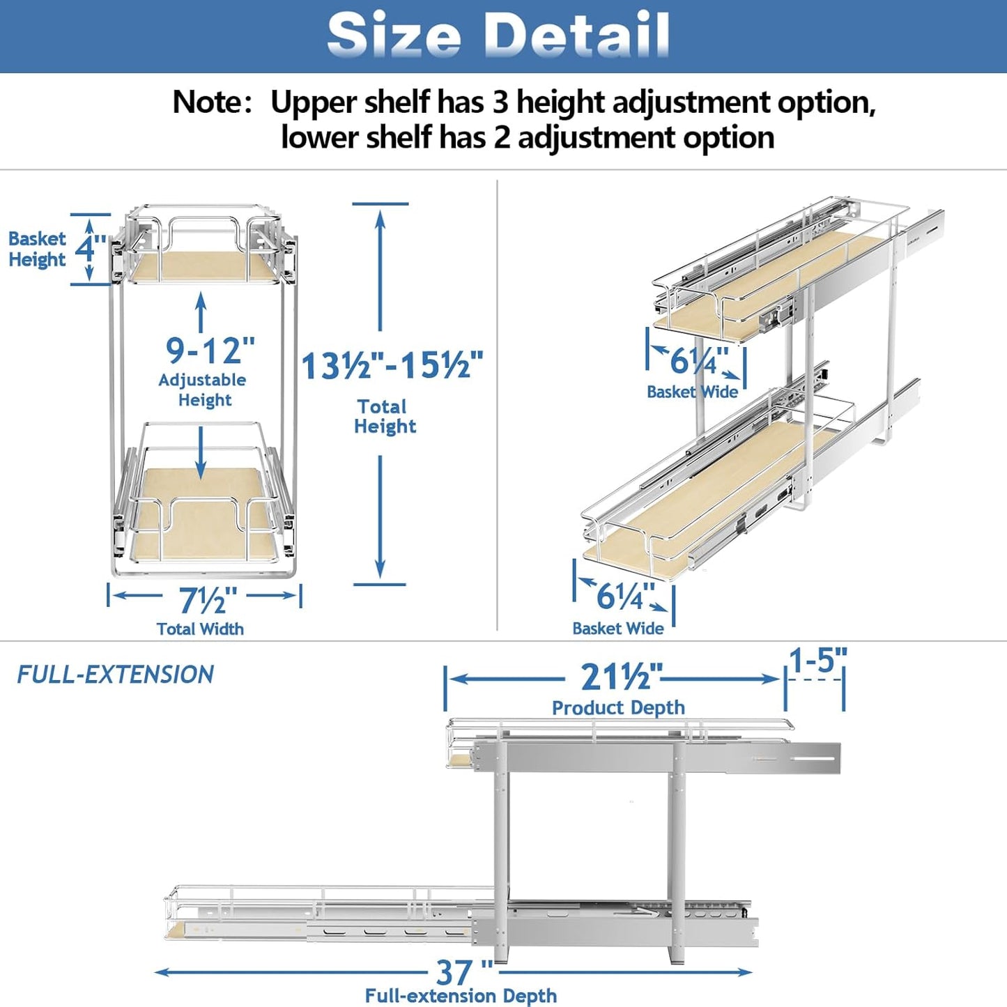 2 Tier Individual Pull Out Cabinet Organizer 7½"W x 21½"D, Slide Out Wood Shelves Organizers