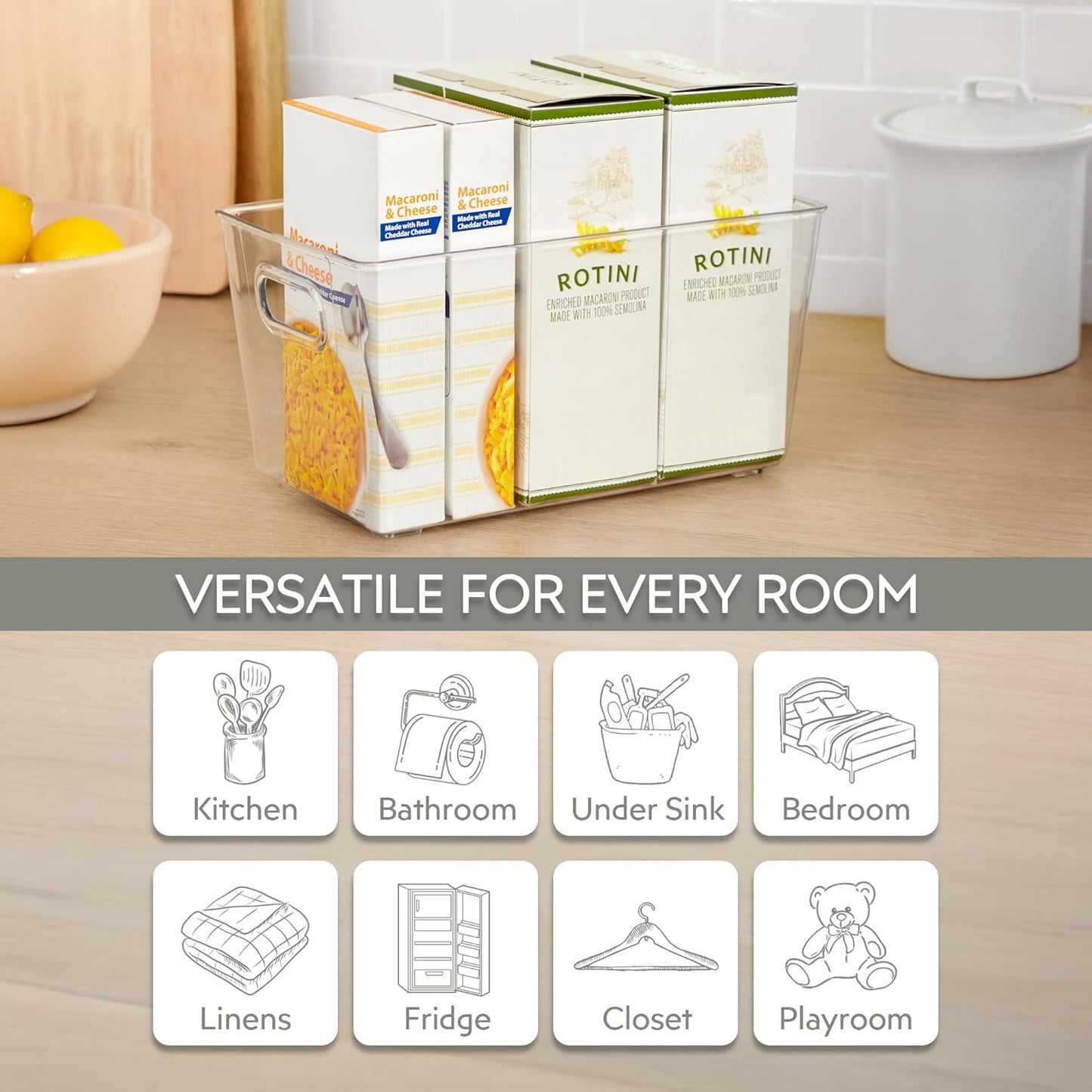 Set of 4 Clear Plastic Storage Bins With Handles, Containers To Organize Pantry, Fridge, Cabinet