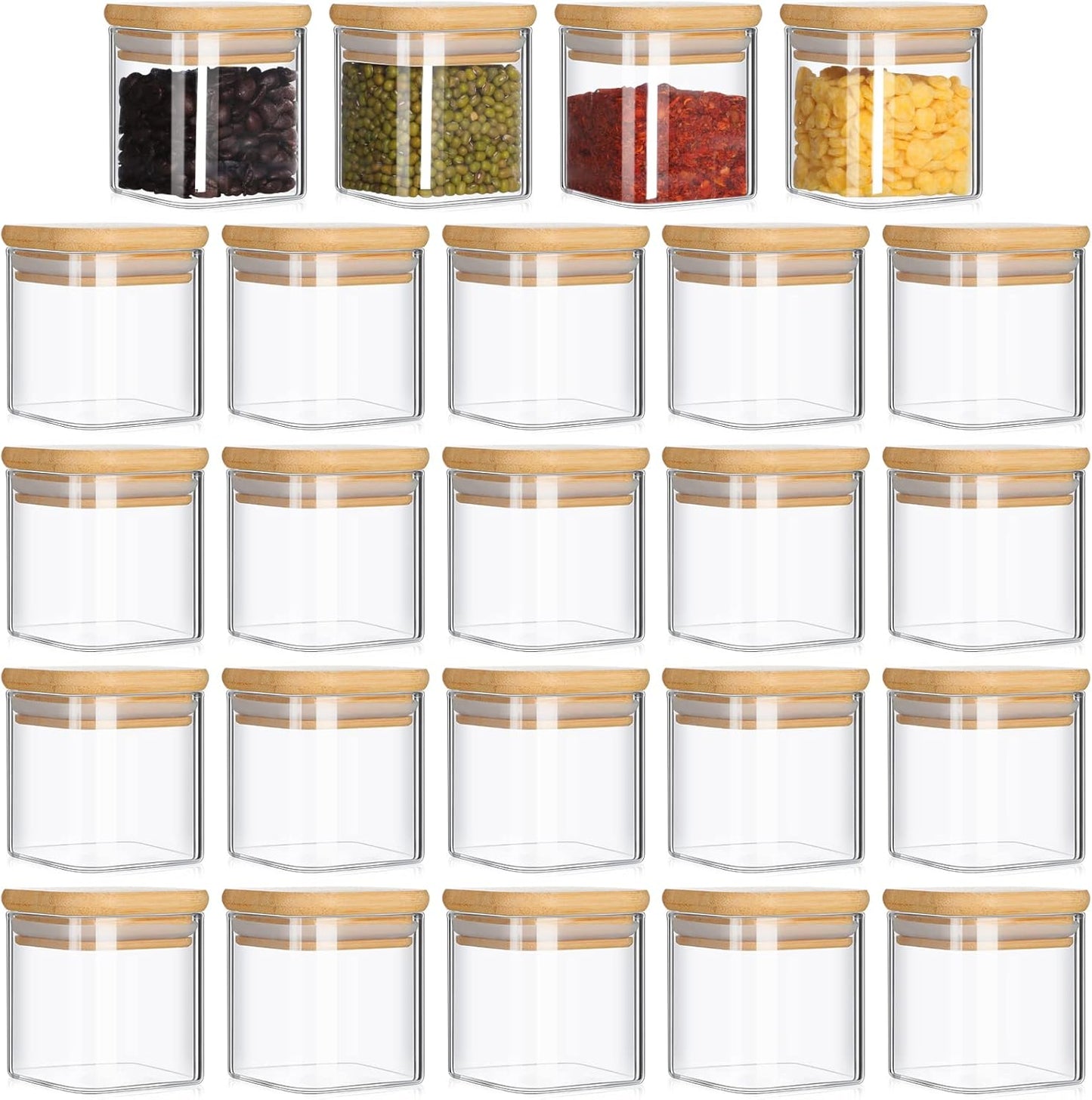 Set of 24 Airtight Square Spice Containers 4 oz Glass Spice Jars with Bamboo Lid Small Seasoning Jars Empty Food Storage Containers for Pantry Clear Food Canisters for Kitchen Sugar Coffee