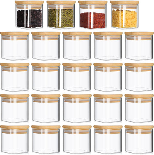 Set of 24 Airtight Square Spice Containers 4 oz Glass Spice Jars with Bamboo Lid Small Seasoning Jars Empty Food Storage Containers for Pantry Clear Food Canisters for Kitchen Sugar Coffee