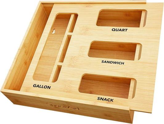 Bag Storage Organizer for Kitchen Drawer, Bamboo Organizer, Compatible with Gallon, Quart