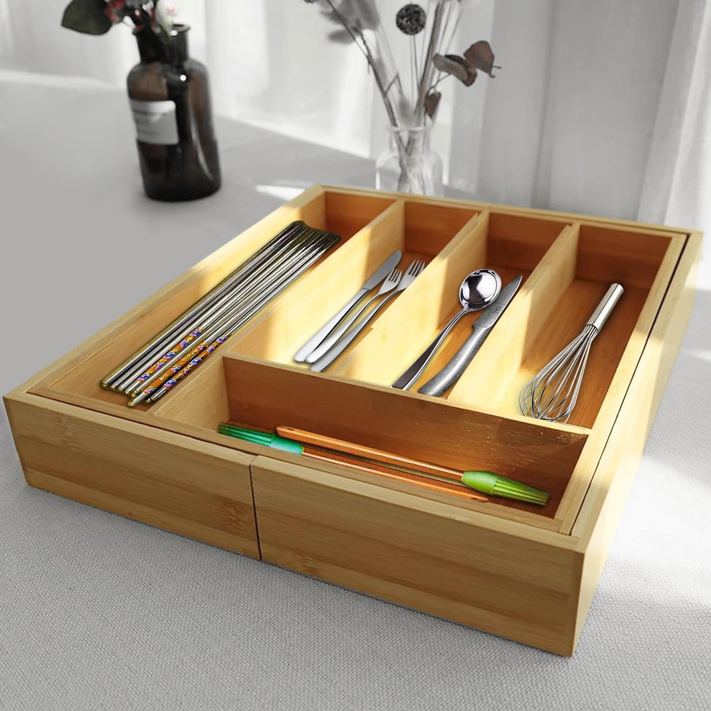 Bamboo Drawer Organizer Expandable Cutlery Tray Adjustable Utensils Holder 5-7 Compartments Wood Drawer Dividers Organizer for Storing Silverware, Flatware, Knives in Kitchen, Bedroom, Living Room