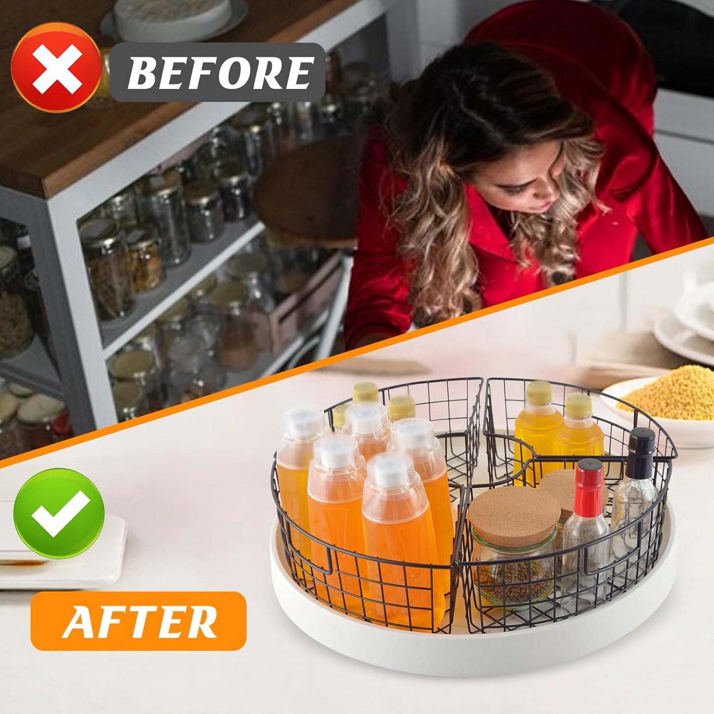 4 Pack Lazy Susan Basket Lazy Susan Organizer Bins for 18"/20" Diameter Turntable 1/4 Wedge Corner Cabinet Organizer Kitchen Organization Metal Lazy Susan with Handle for Cabinet