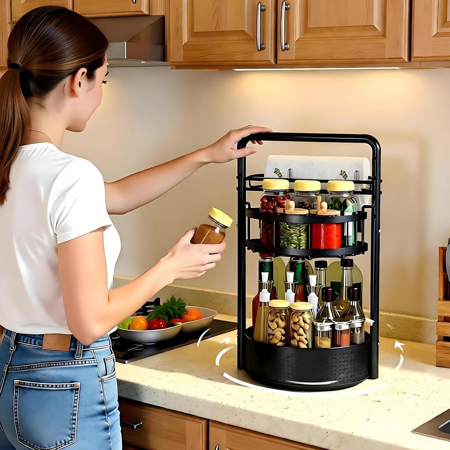 Rotating Spice Rack with Paper Towel Holder, 2 Tier Lazy Susan for Spices