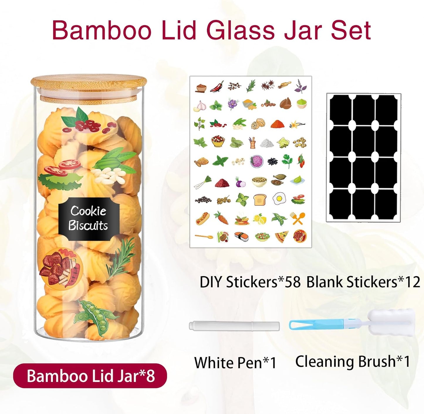 32 oz 8 Pcs Glass Jars with Bamboo Lids, Stackable Clear Food Storage Jars