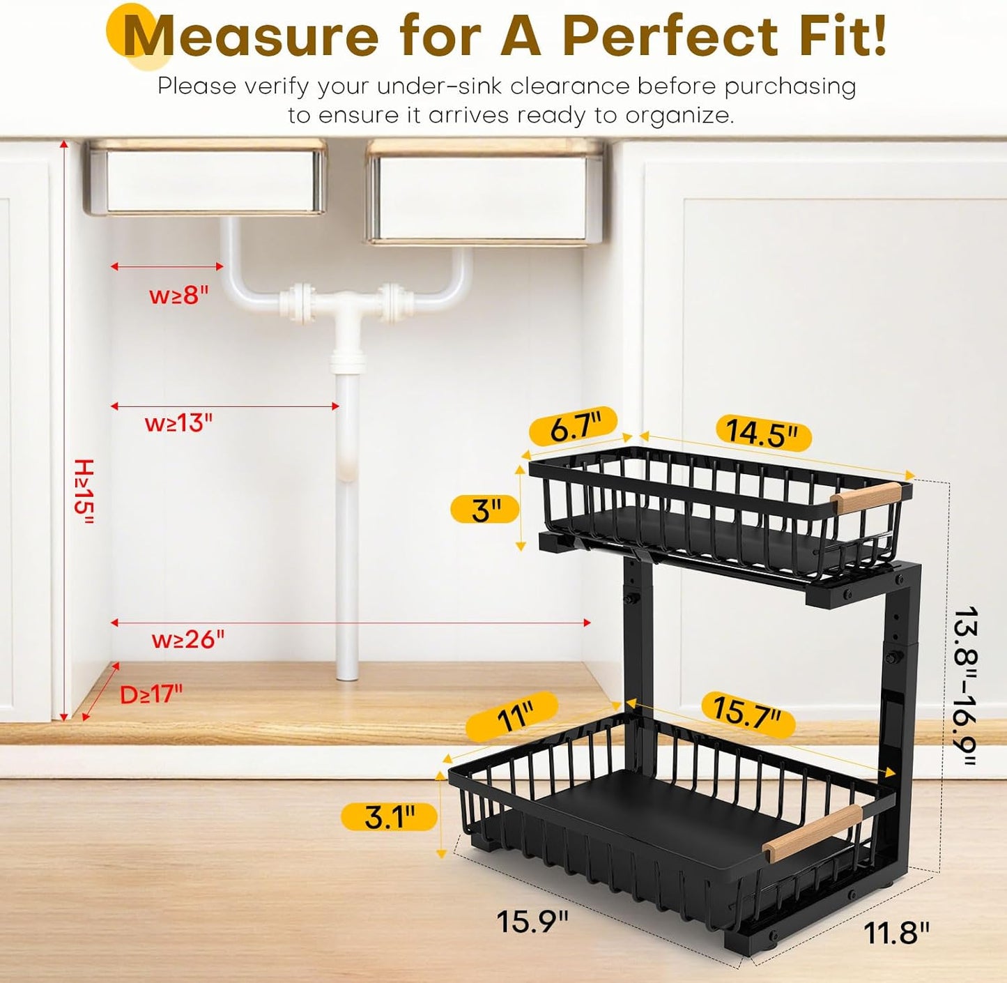 Under Sink Organizer, Heavy-Duty & Rust-Resistant Carbon Steel Metal