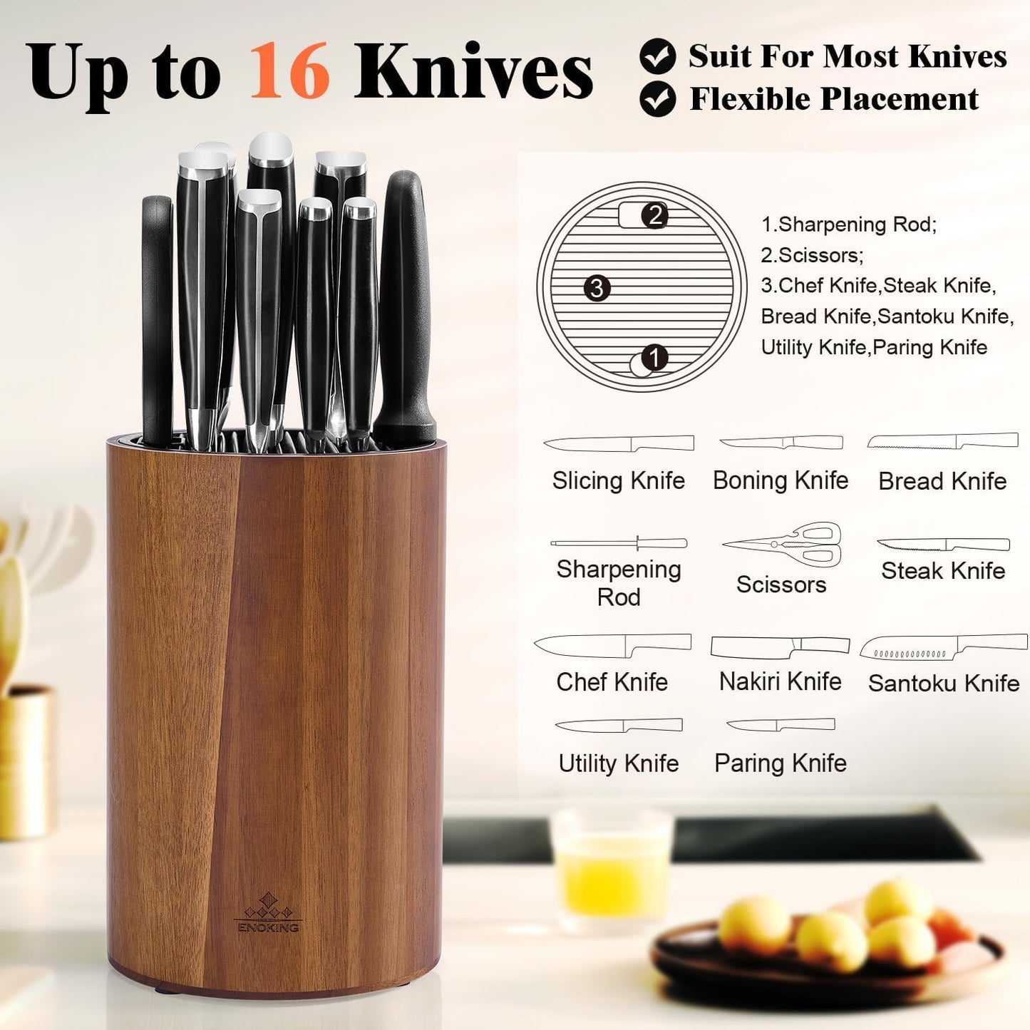 Universal Knife Block Holder with Plastic Lid, Acacia Wood Knife Block without Knives for Scissors