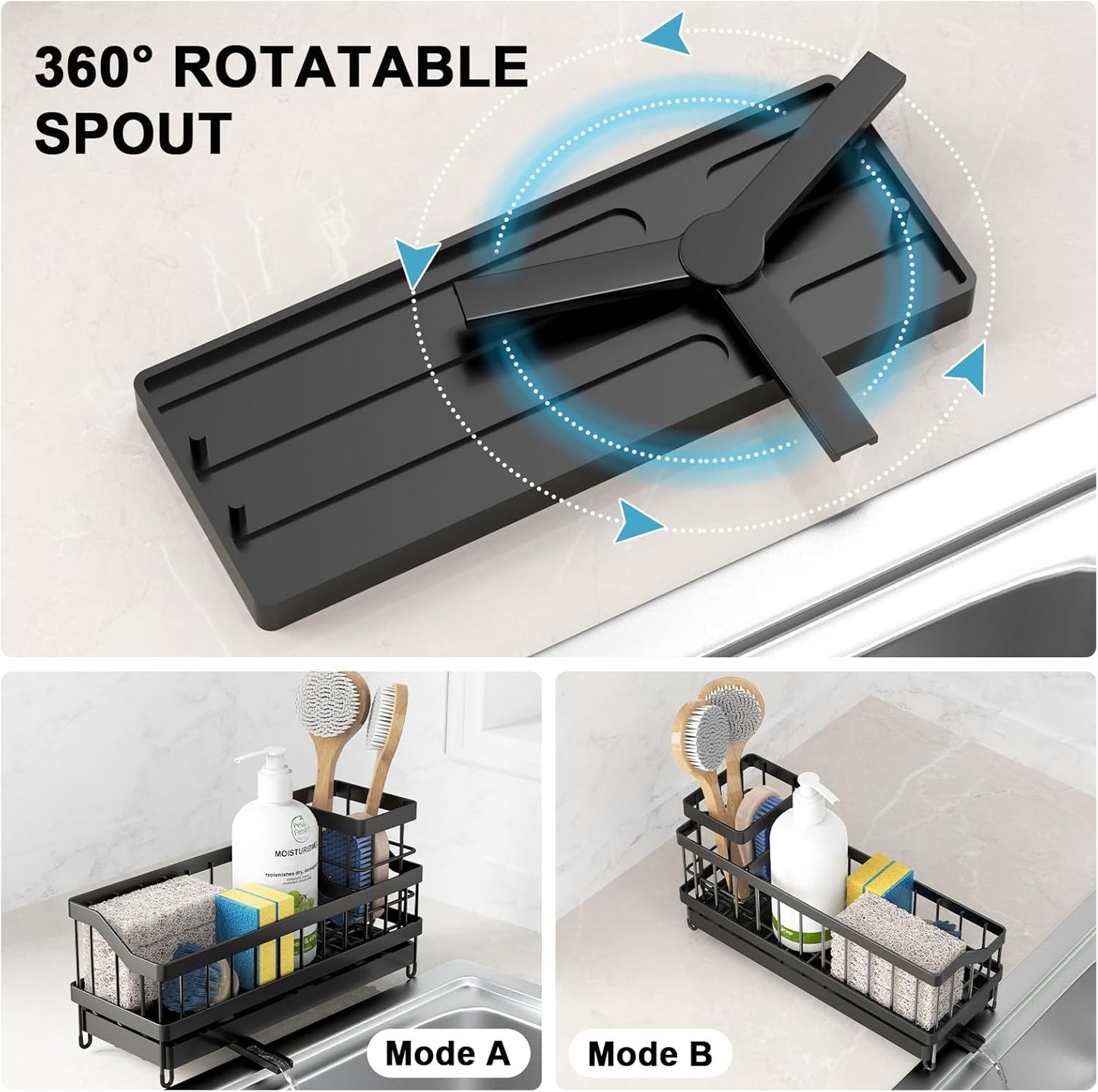 Sponge Holder for Kitchen Sink, Sink Caddy with High Brush Holder, Rustproof and Strong, anti slip