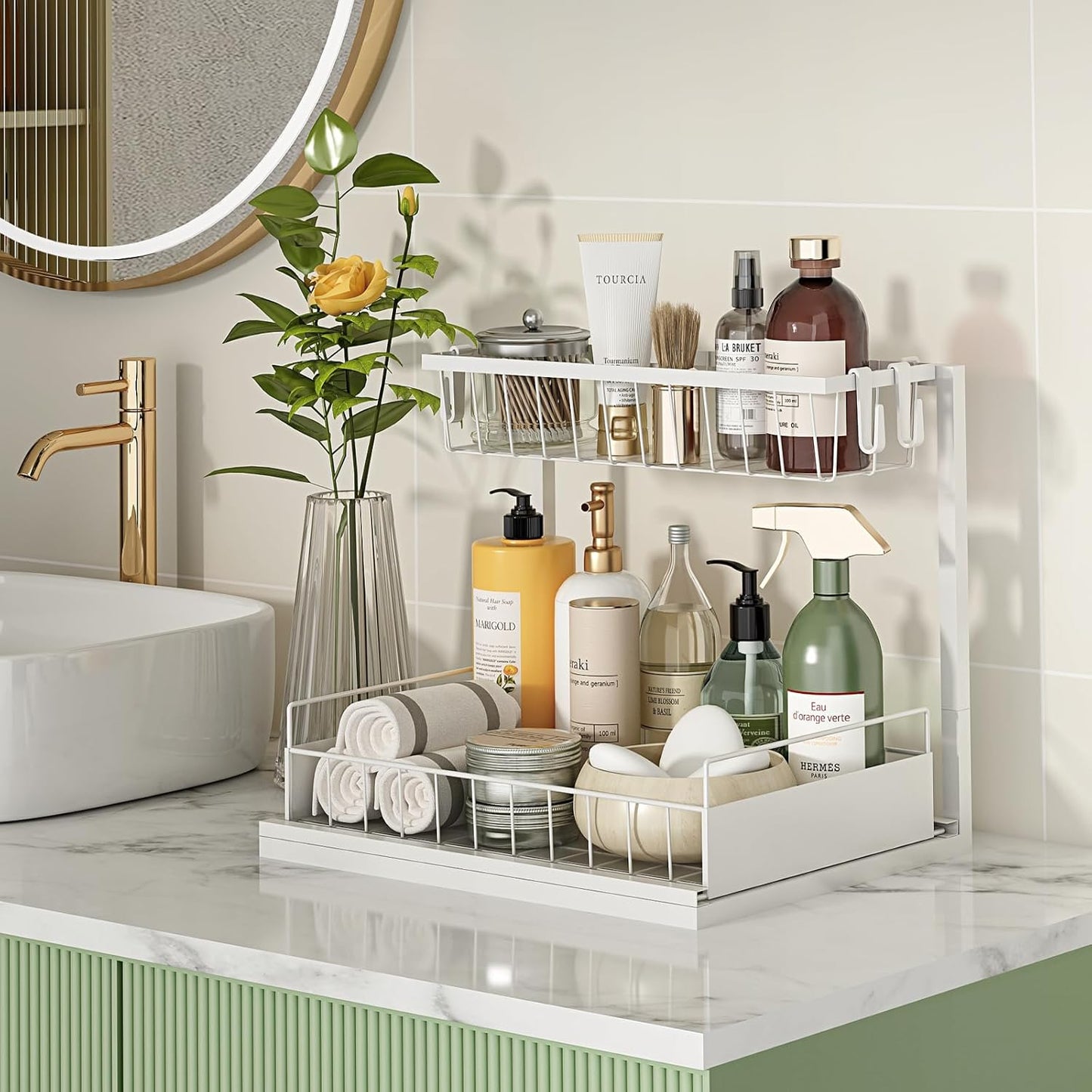 Under Sink Organizer, Height Adjustable Pull Out Cabinet Organizer