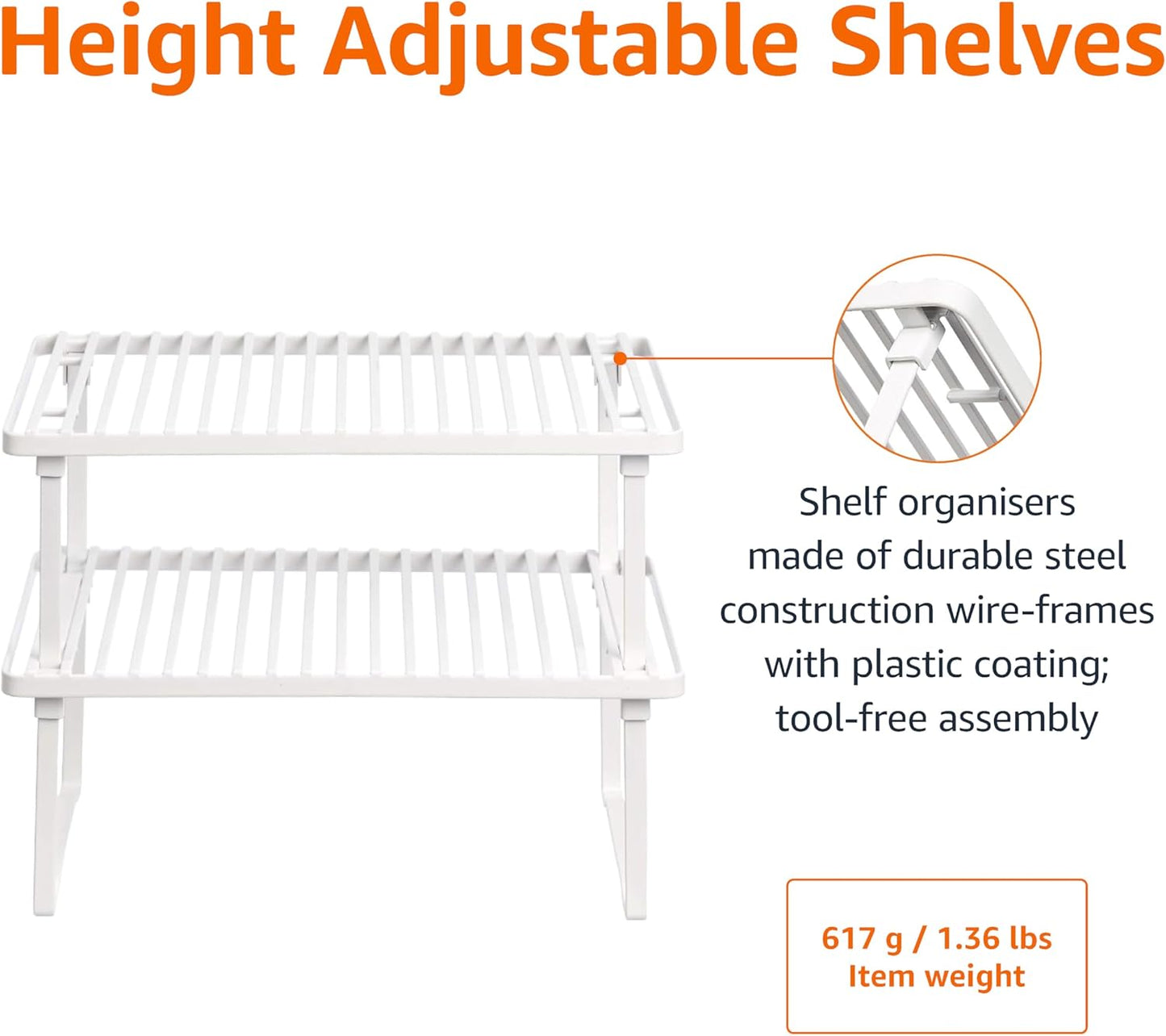 Space-Saving Stackable Metal Kitchen Cabinet Organizer Shelves for Dishes, Pantry Organization