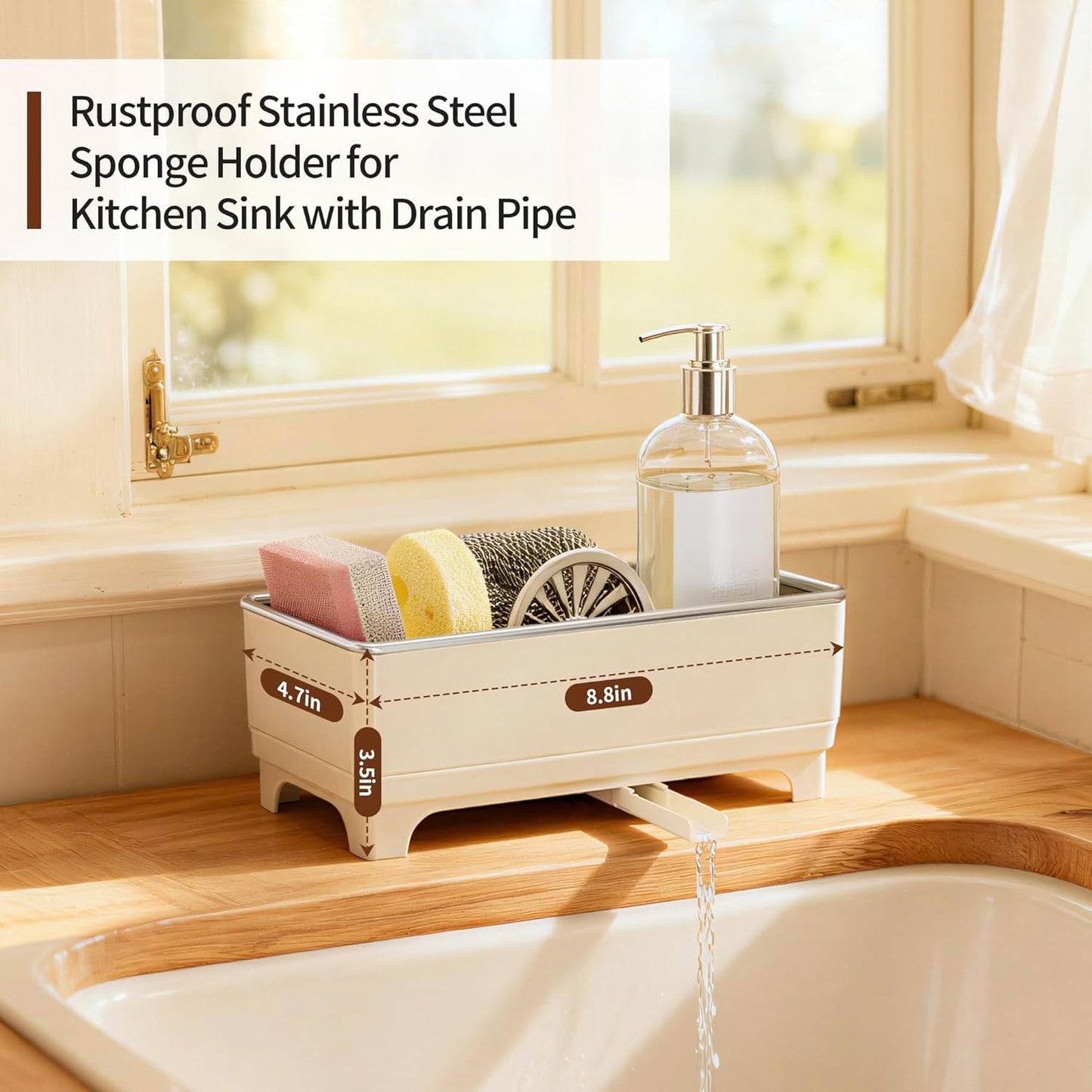 Sponge Holder for Kitchen Sink – Rustproof Stainless Steel, 360° Rotating Drain Pipe