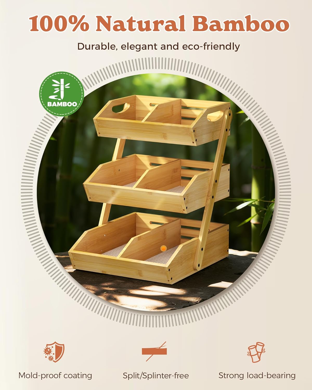 3 Tier Large Bamboo Fruit Basket for Kitchen Counter with 2 Banana Holders