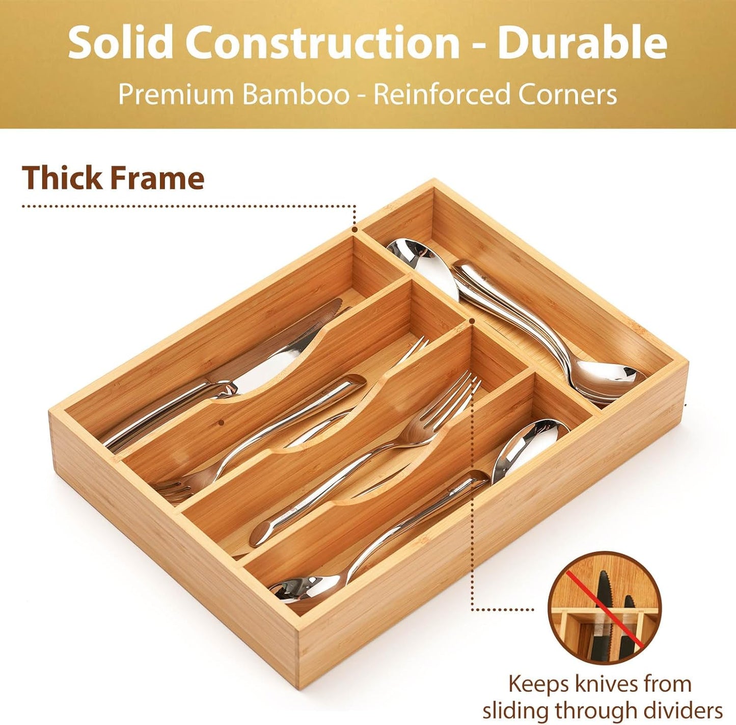 Bamboo Kitchen Drawer Organizer, 11 Inch Silverware Utensils Tray Holder with Grooved Dividers