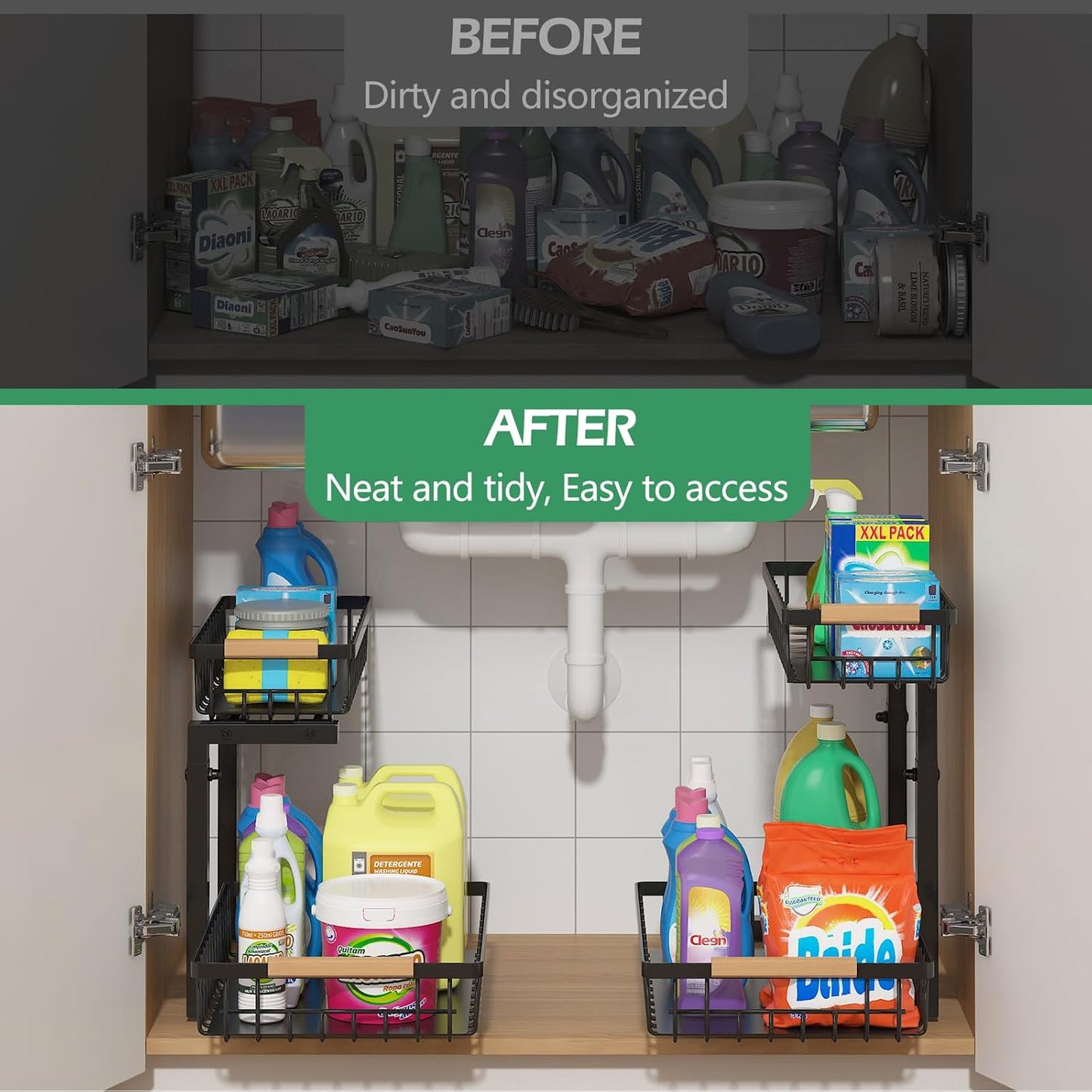 Under Sink Organizer 2 Packs, Pull Out Kitchen Sink Organizer