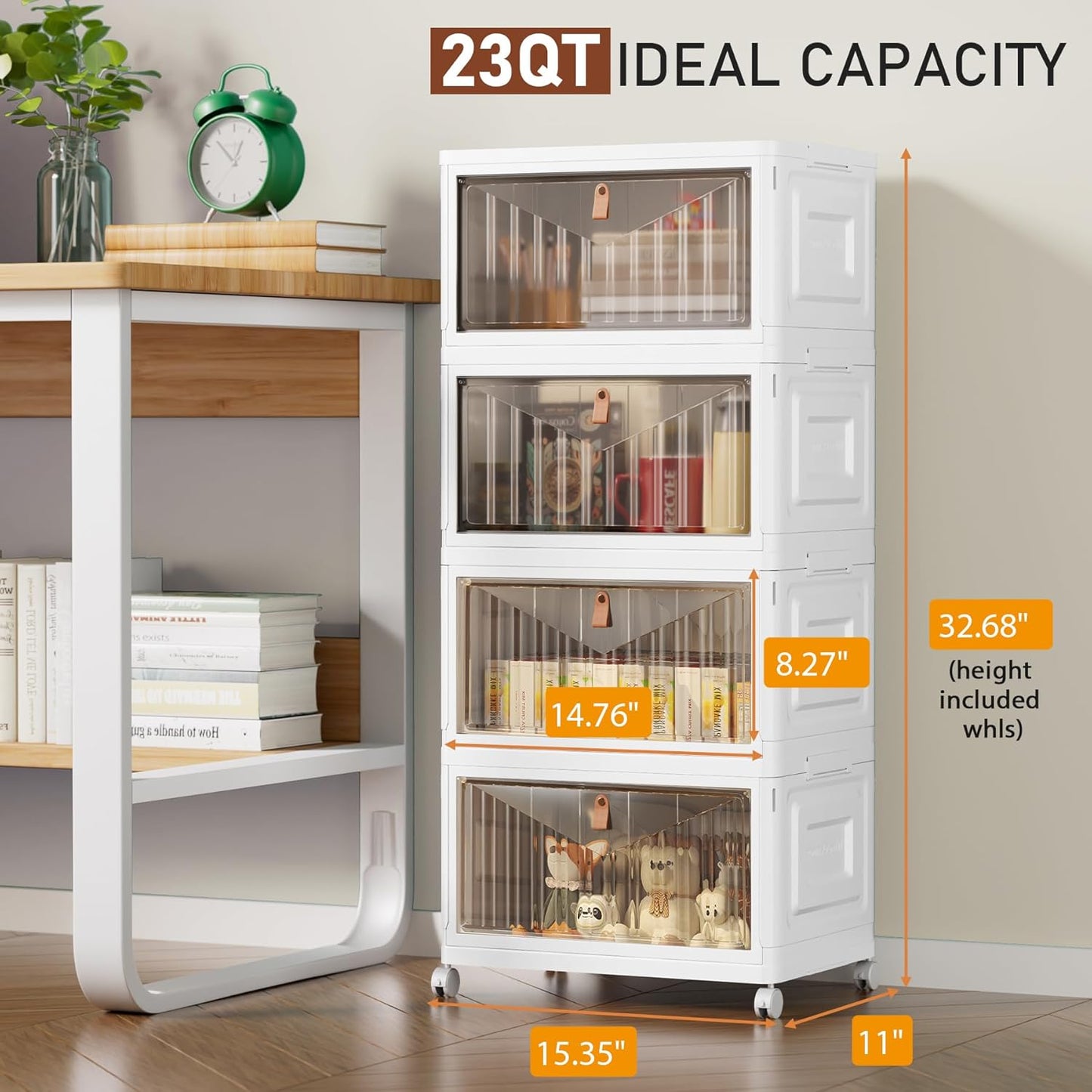4 Tier Storage Bins with Lids, 23QT Stackable Closet Organizers and Storage with Wheels