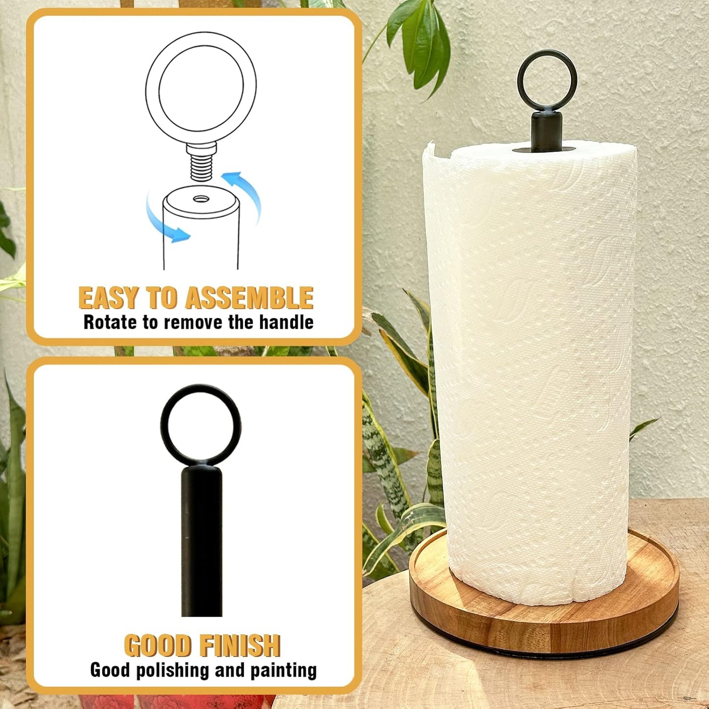 Paper Towel Holder Countertop, Solid Acacia Wood with Thick Metal Base